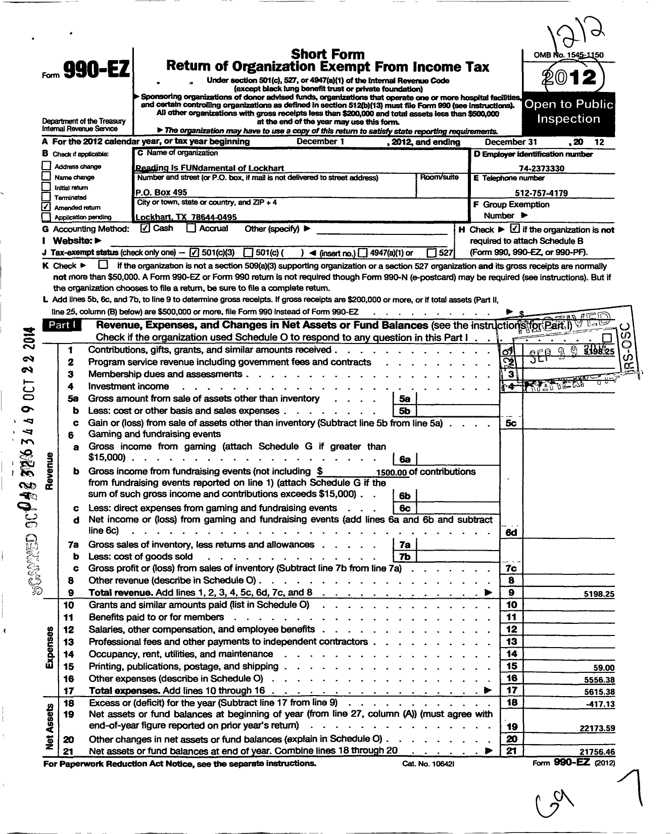 Image of first page of 2012 Form 990EZ for Reading Is Fundamental of Lockhart