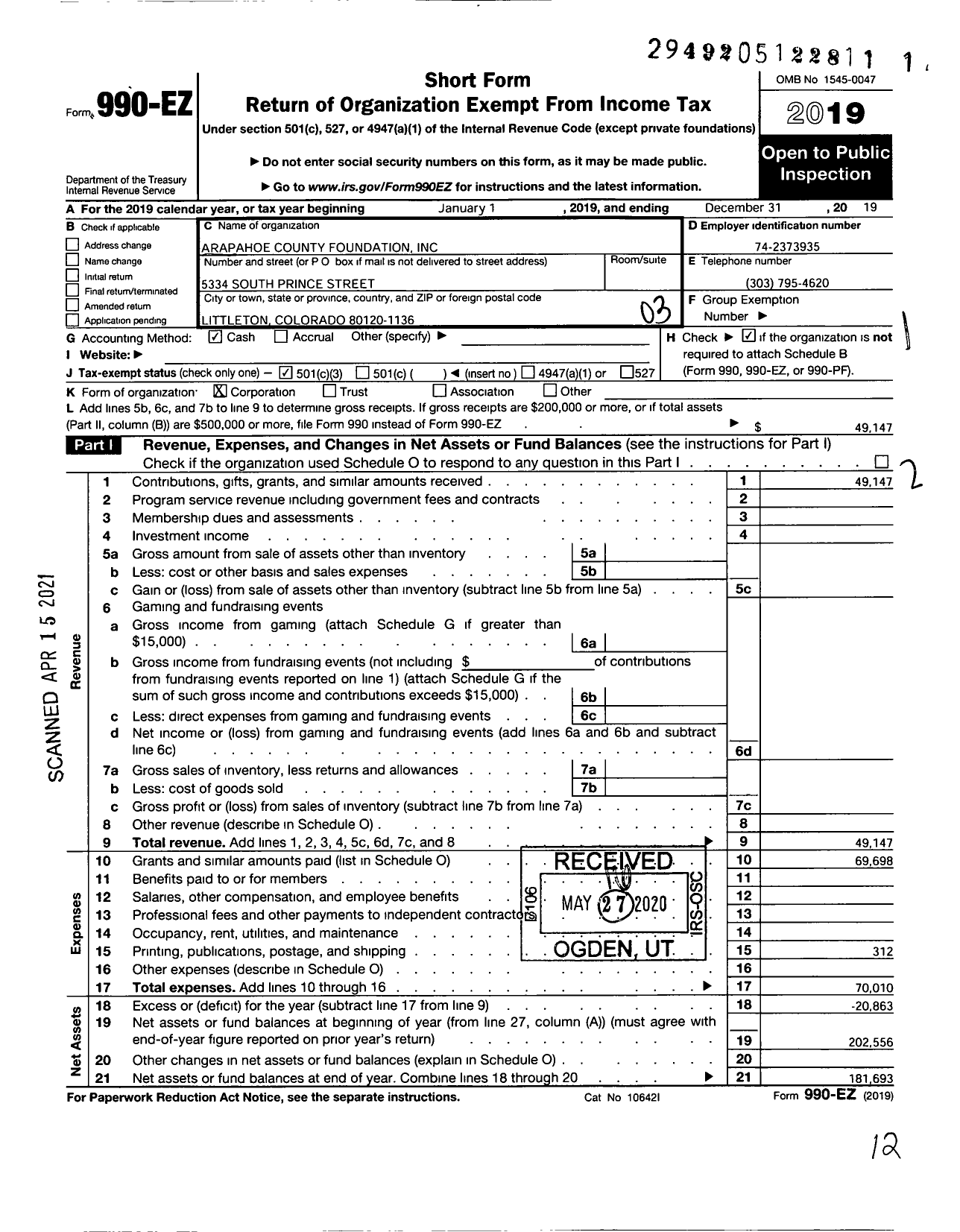 Image of first page of 2019 Form 990EZ for Arapahoe County Foundation