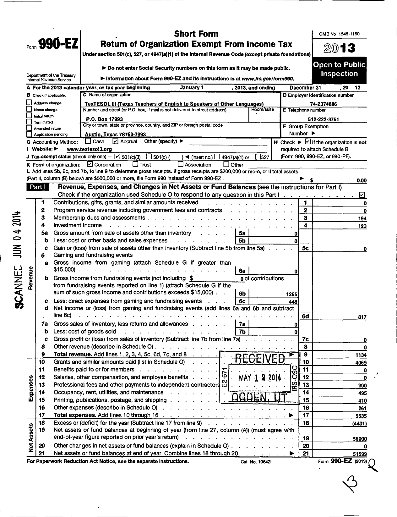 Image of first page of 2013 Form 990EZ for Textesol Iii