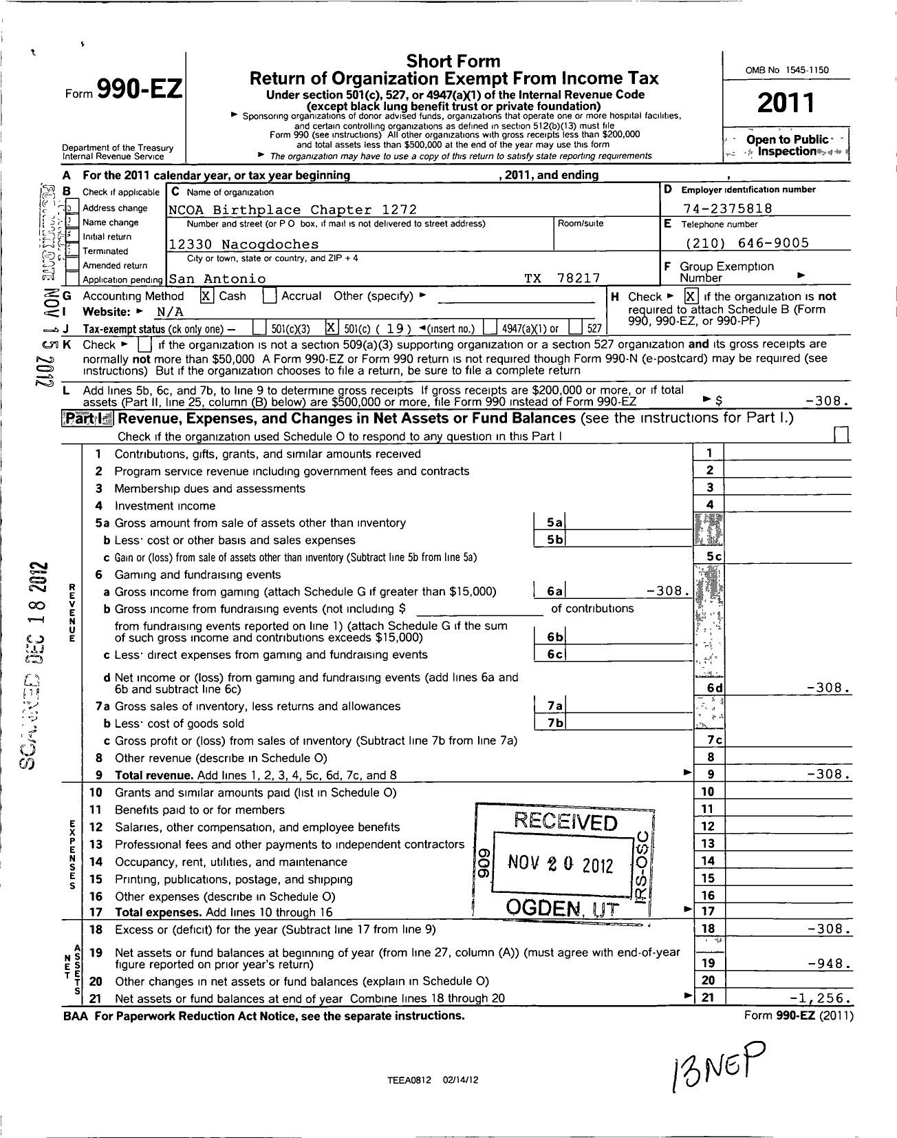 Image of first page of 2011 Form 990EO for Non Commissioned Officers Association of the U S of America - 1272 Birthplace