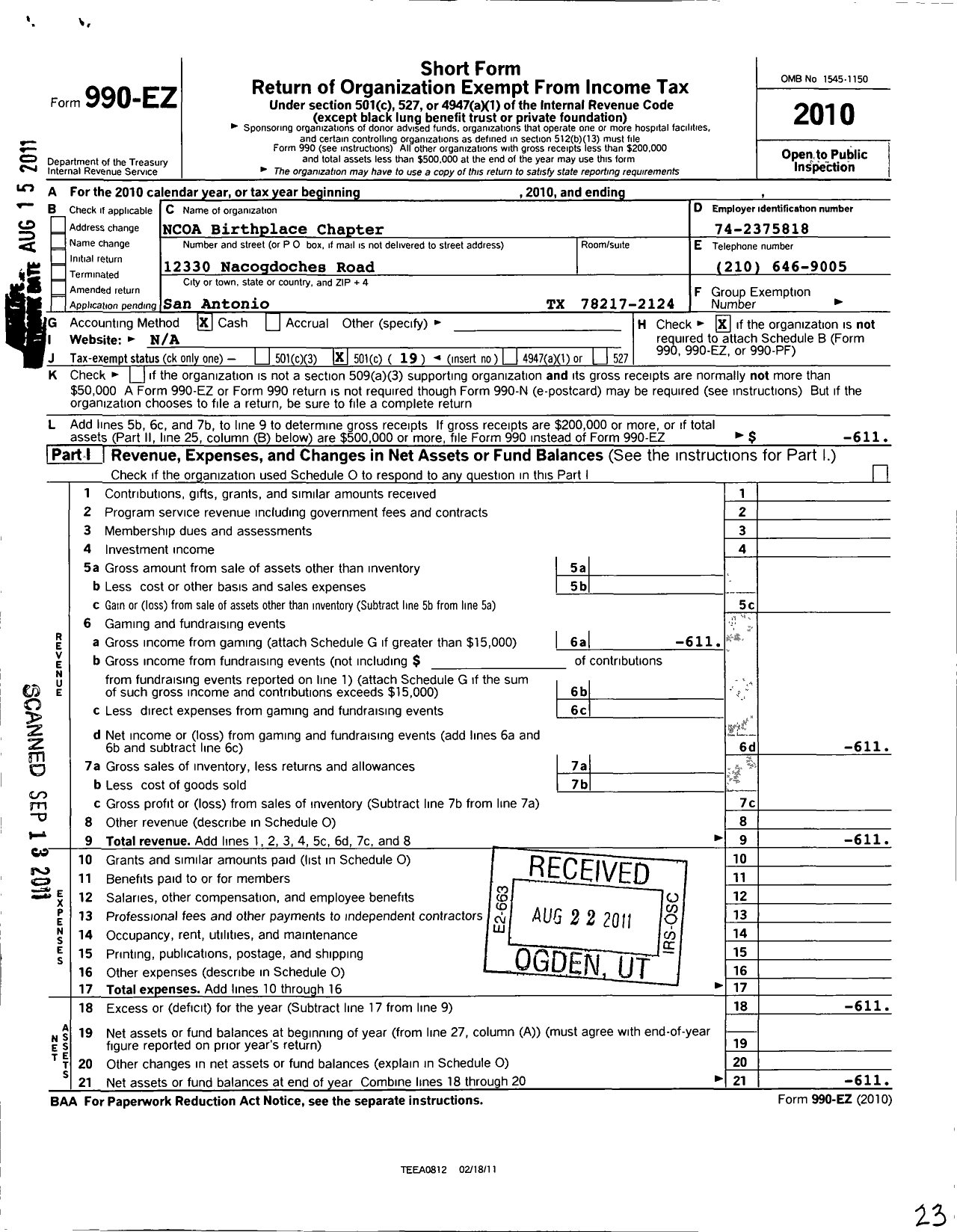 Image of first page of 2010 Form 990EO for Non Commissioned Officers Association of the U S of America - 1272 Birthplace