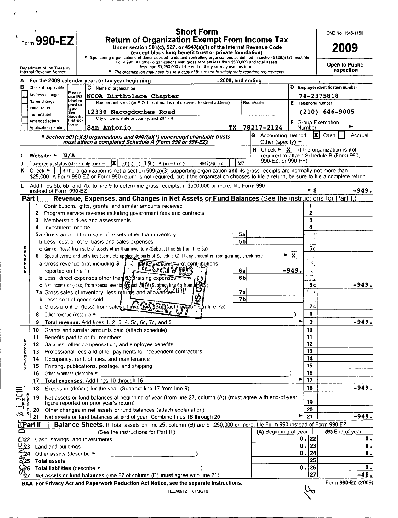 Image of first page of 2009 Form 990EO for Non Commissioned Officers Association of the U S of America - 1272 Birthplace