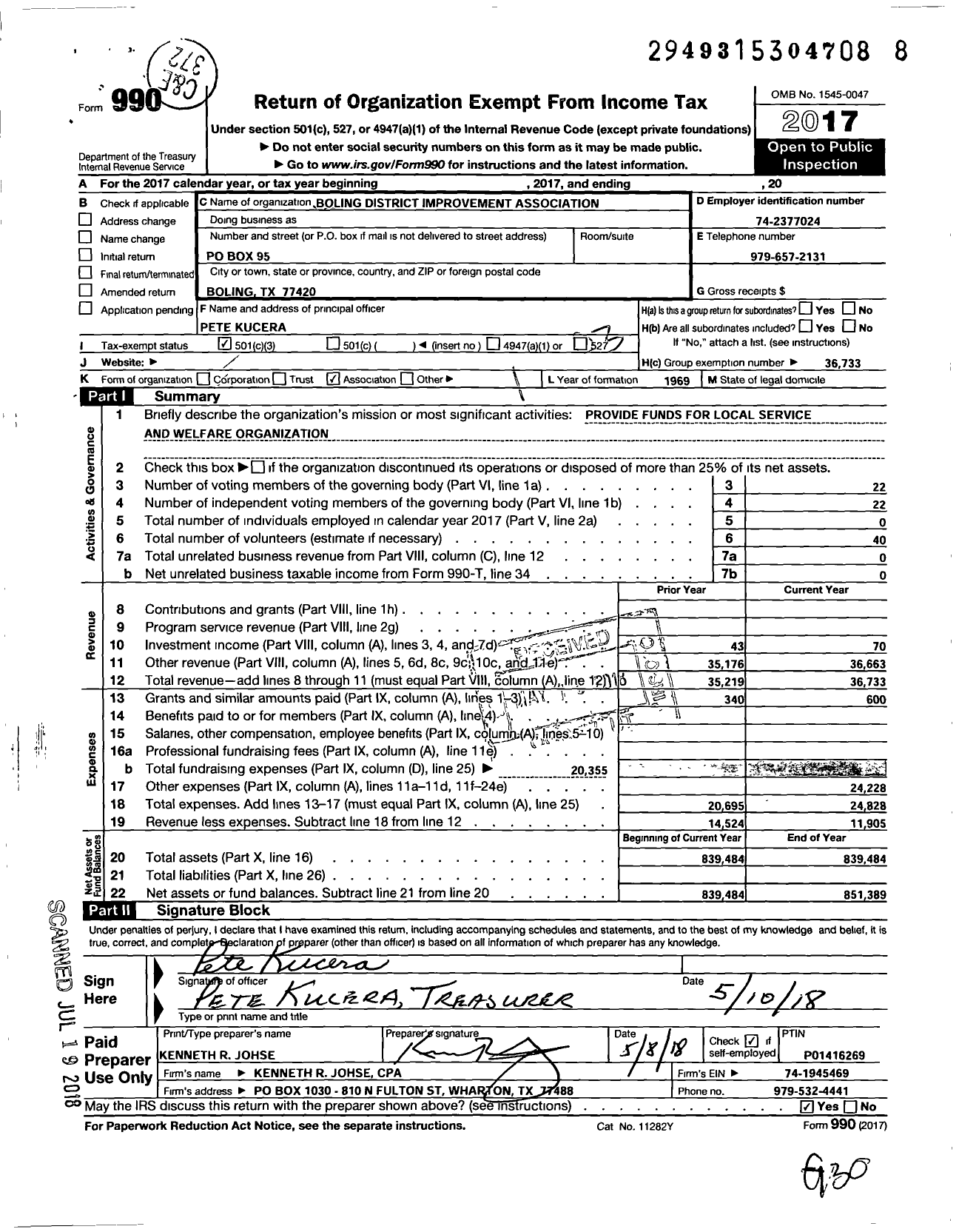 Image of first page of 2017 Form 990 for Boling District Improvement Association