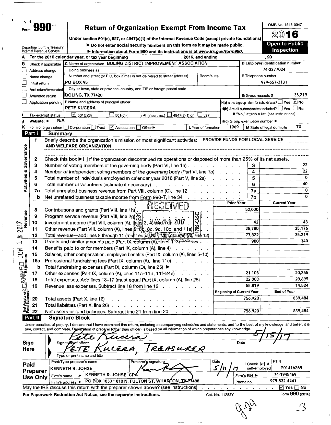 Image of first page of 2016 Form 990 for Boling District Improvement Association