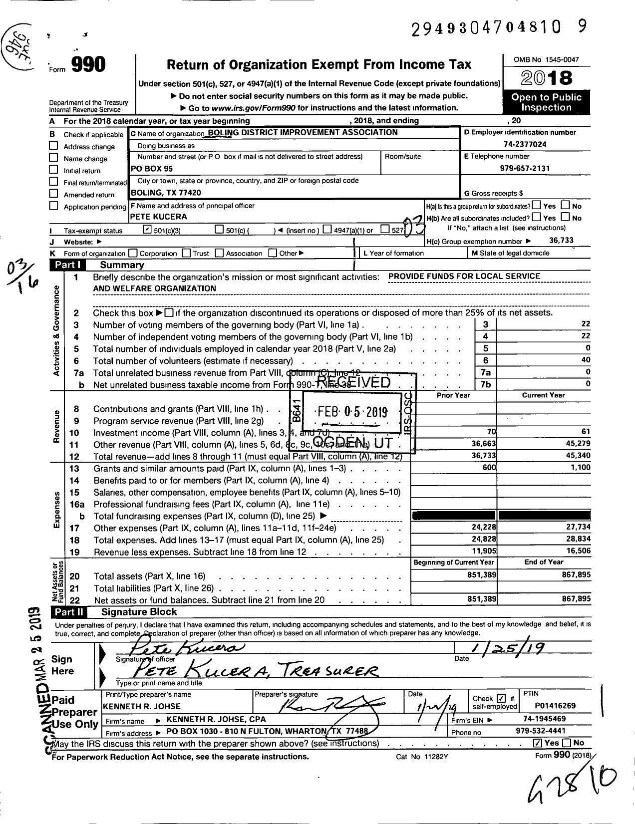 Image of first page of 2018 Form 990 for Boling District Improvement Association