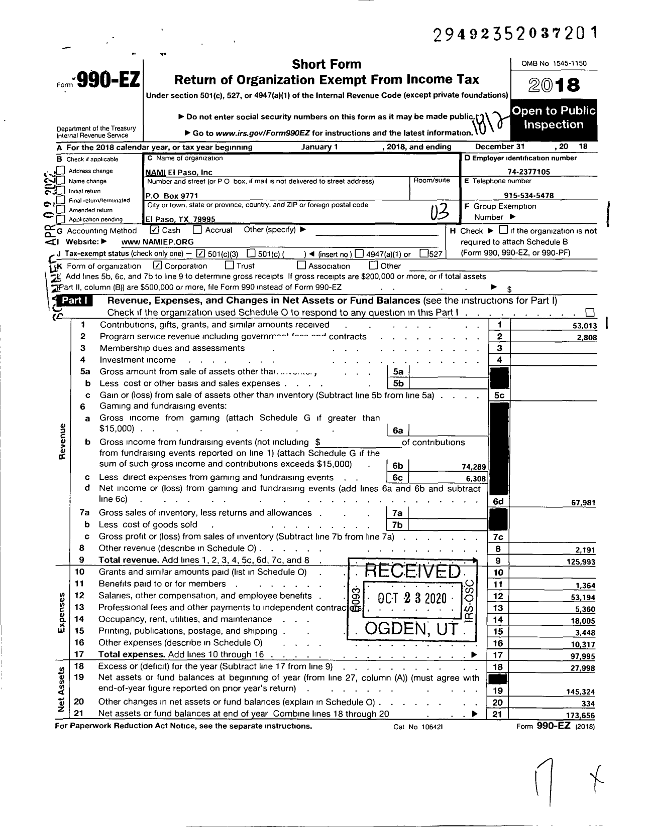Image of first page of 2018 Form 990EZ for NAMI El Paso