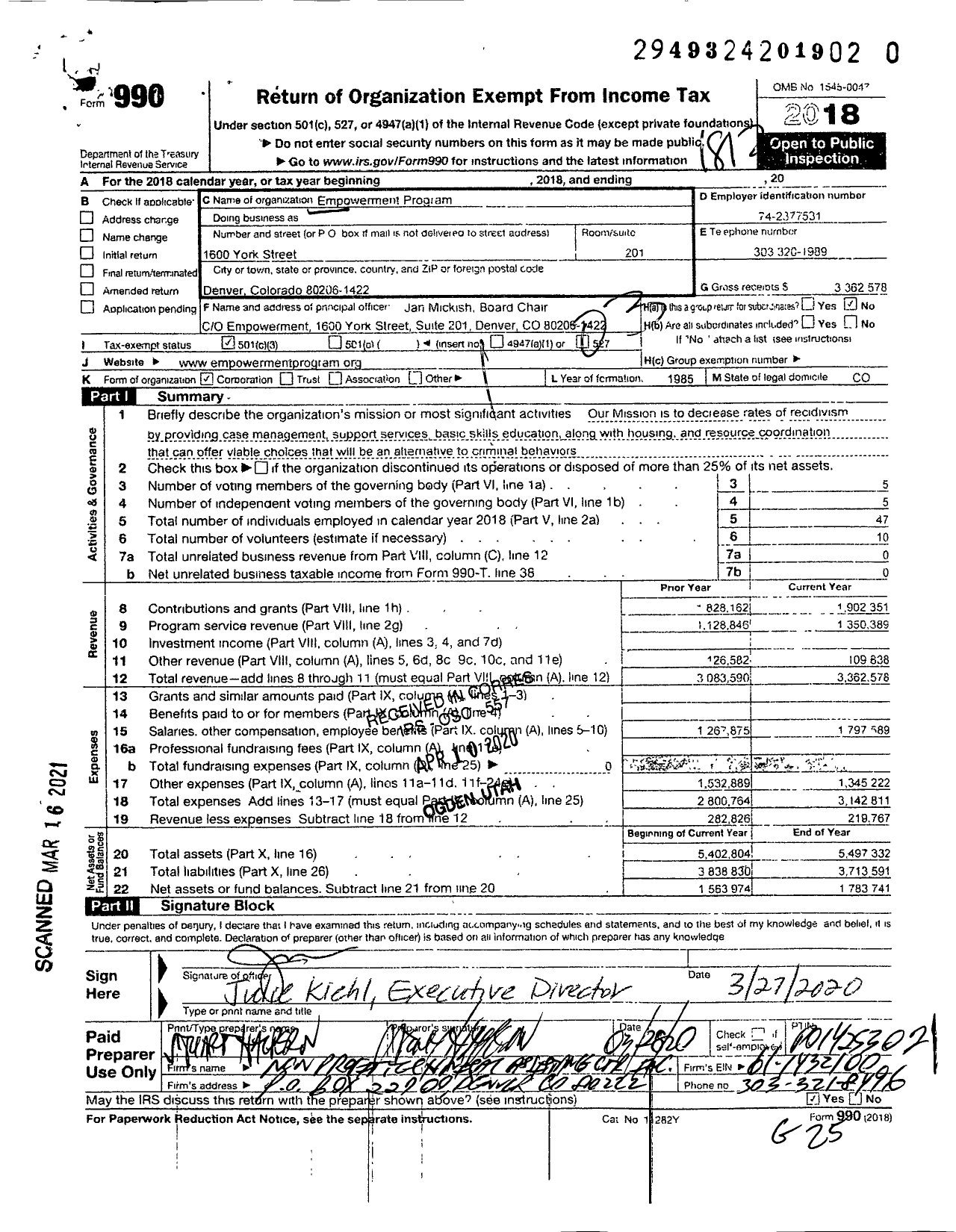 Image of first page of 2018 Form 990 for The Empowerment Program