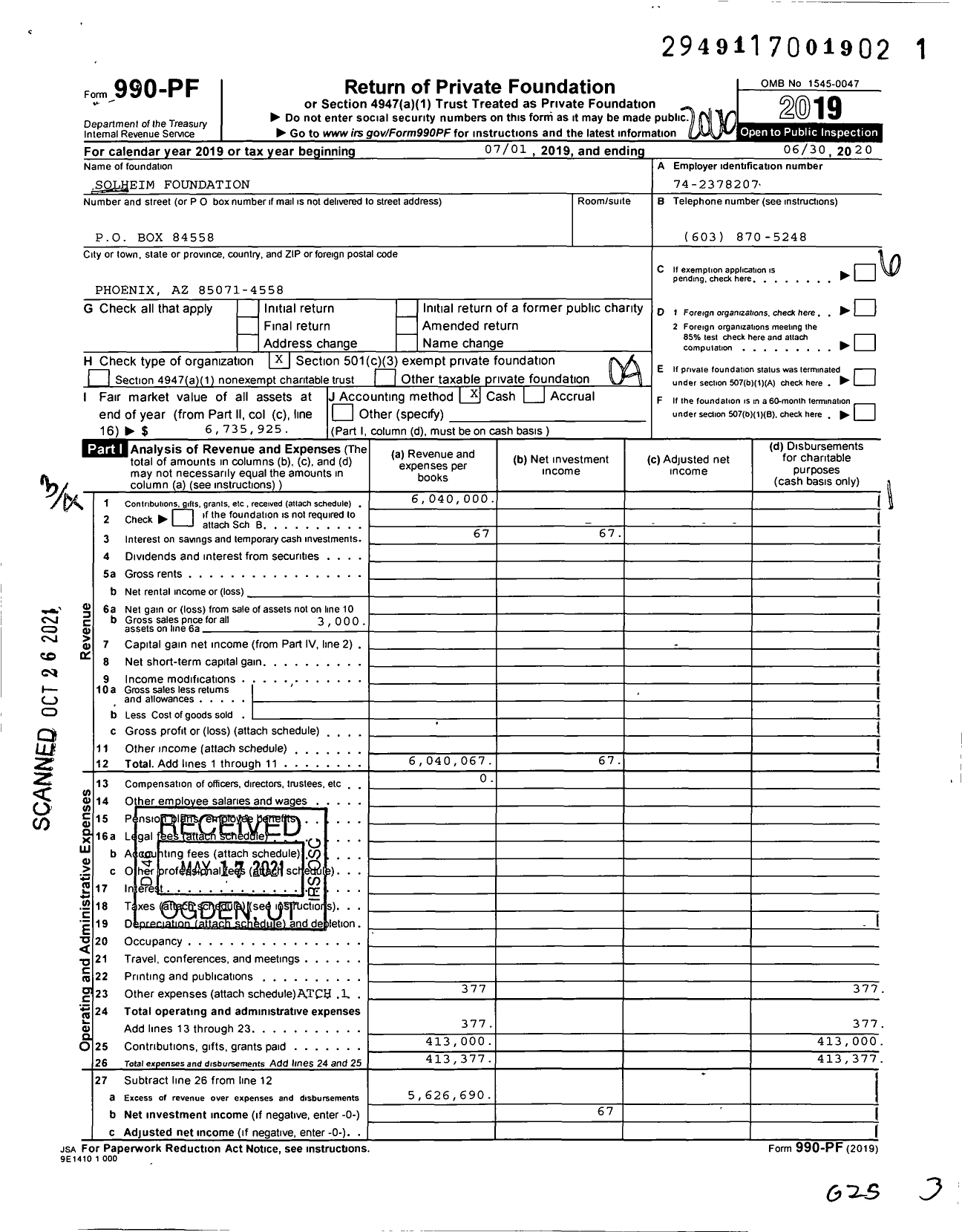 Image of first page of 2019 Form 990PF for Solheim Foundation