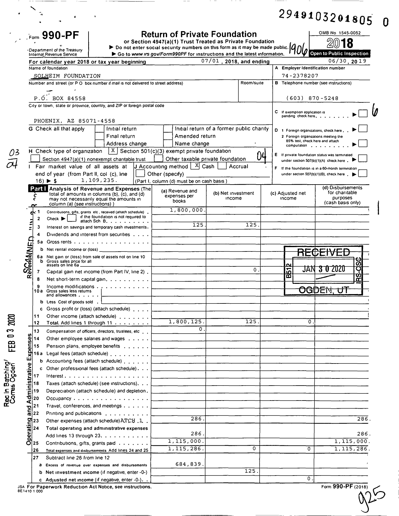 Image of first page of 2018 Form 990PR for Solheim Foundation