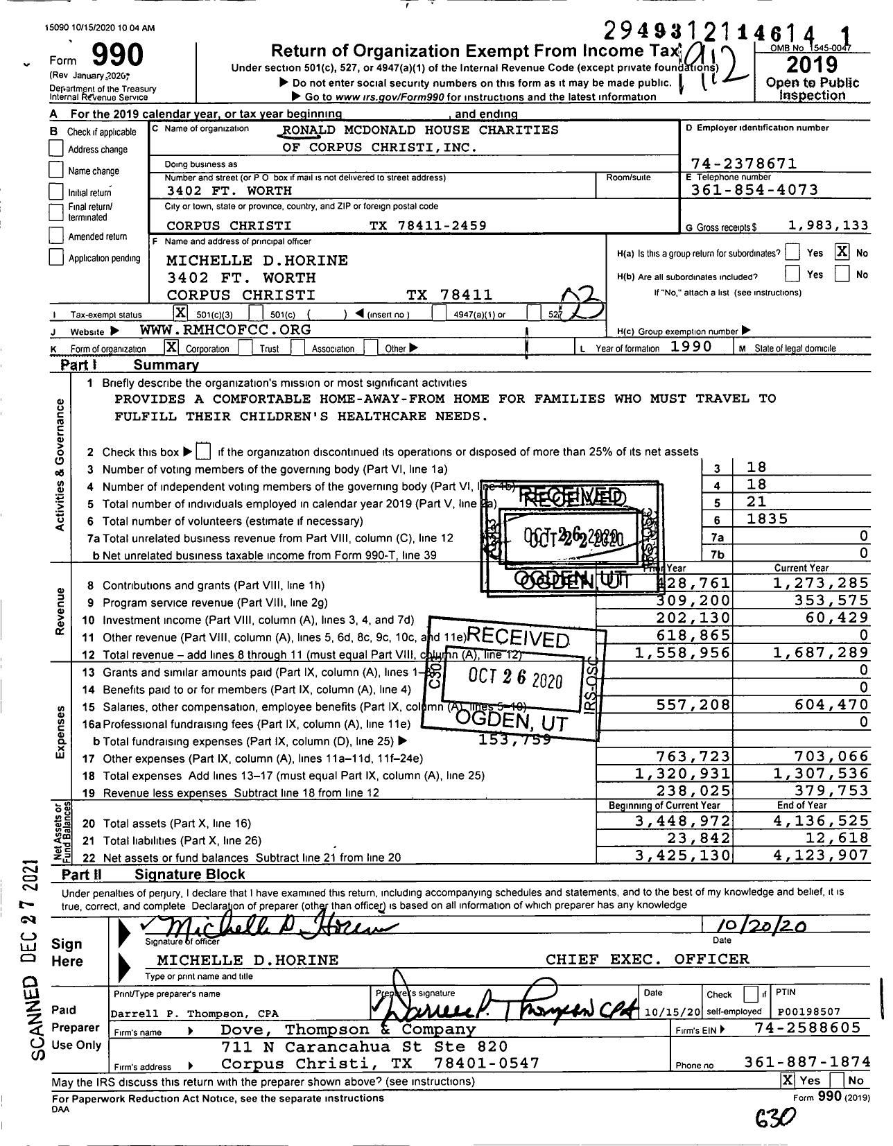 Image of first page of 2019 Form 990 for Ronald McDonald House Charities South Texas