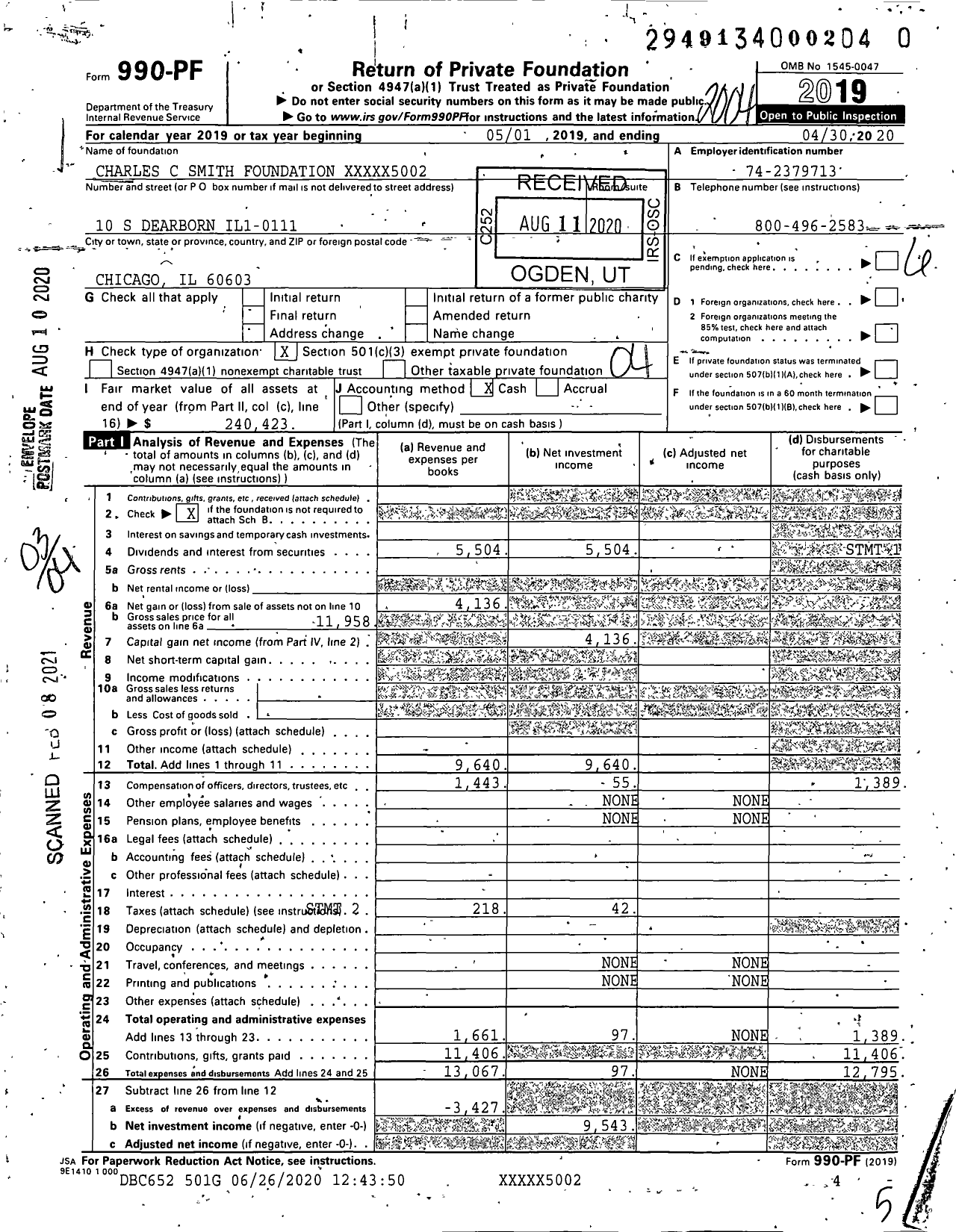 Image of first page of 2019 Form 990PF for Charles C Smith Foundation XXXXX5002