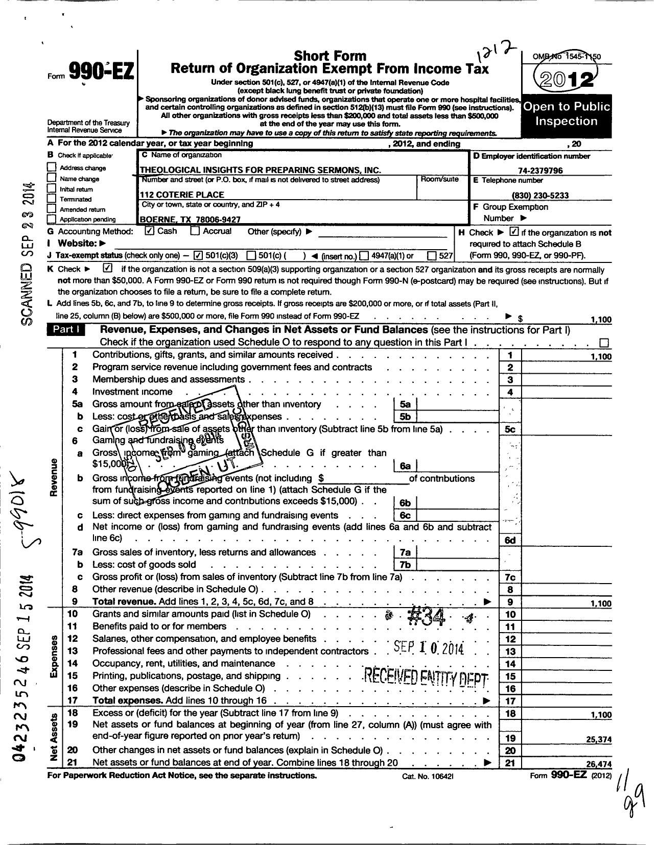 Image of first page of 2012 Form 990EZ for Theological Insights for Preparing Sermons