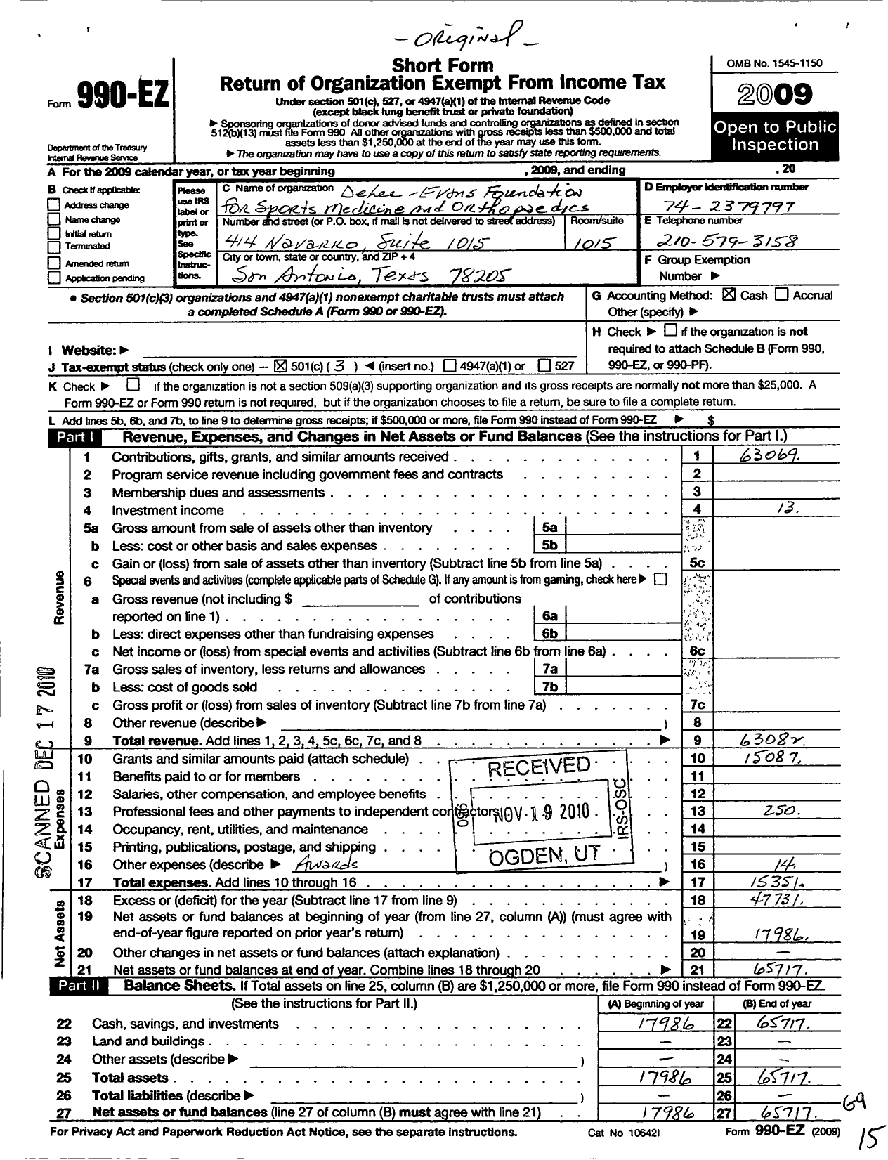 Image of first page of 2009 Form 990EZ for Delee-Evans Foundation for Sports Medicine and Orthopedics