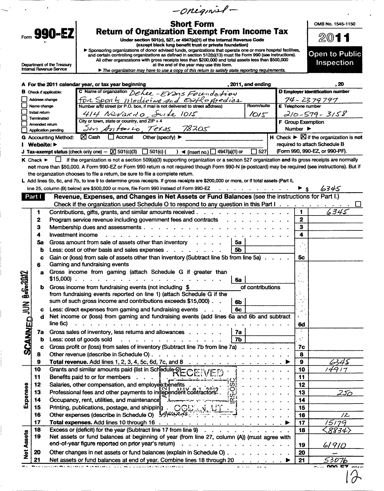 Image of first page of 2011 Form 990EZ for Delee-Evans Foundation for Sports Medicine and Orthopedics