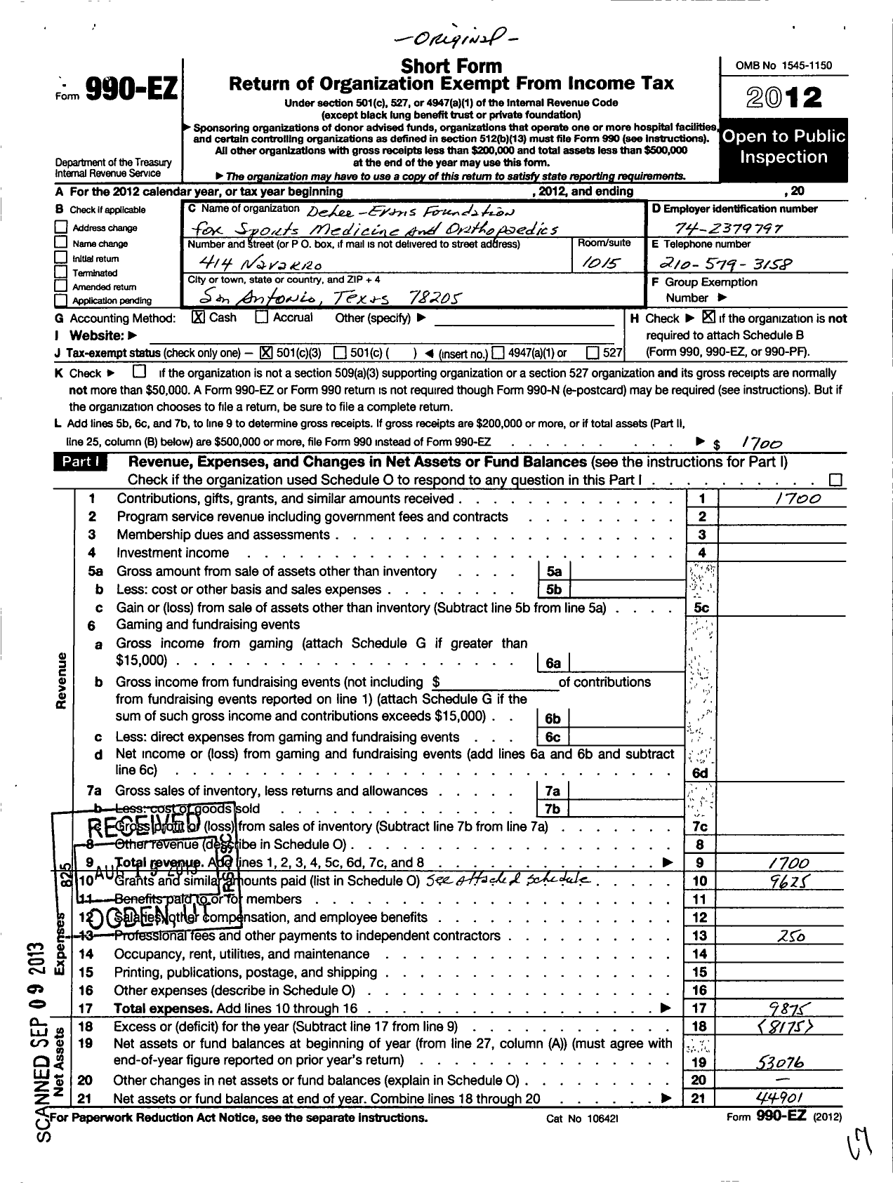 Image of first page of 2012 Form 990EZ for Delee-Evans Foundation for Sports Medicine and Orthopedics