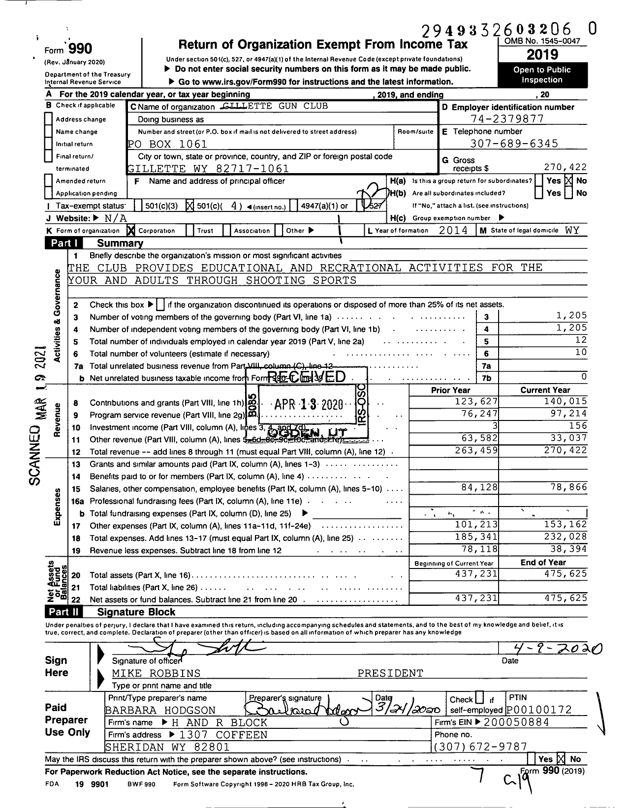 Image of first page of 2019 Form 990 for Gillette Gun Club