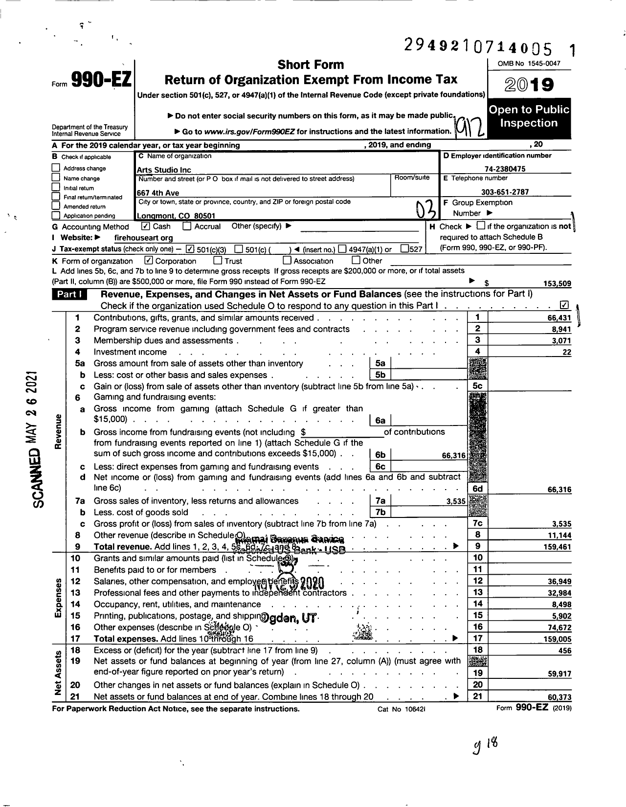 Image of first page of 2019 Form 990EZ for Firehouse Art Center