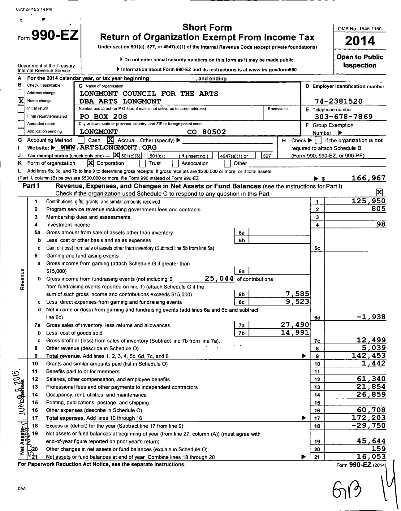 Image of first page of 2014 Form 990EZ for Arts Longmont