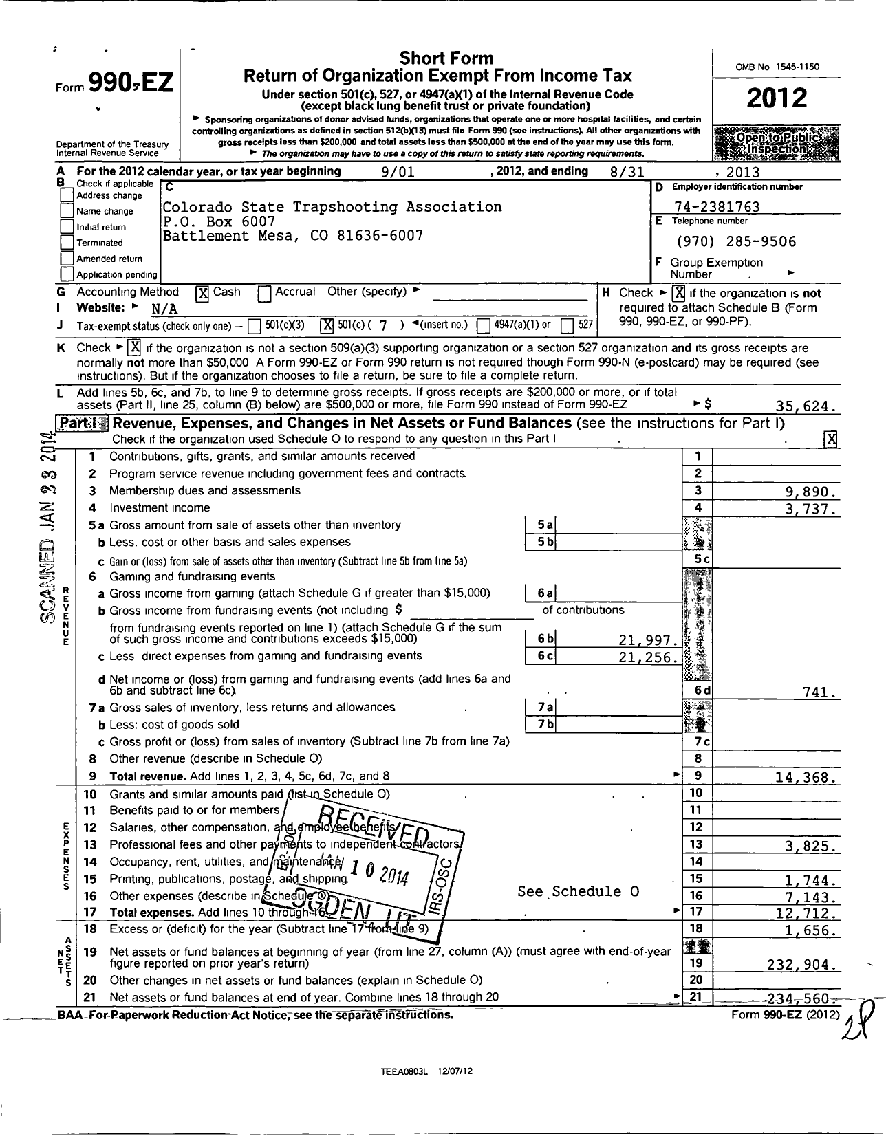 Image of first page of 2012 Form 990EO for Colorado State Trapshooting Association