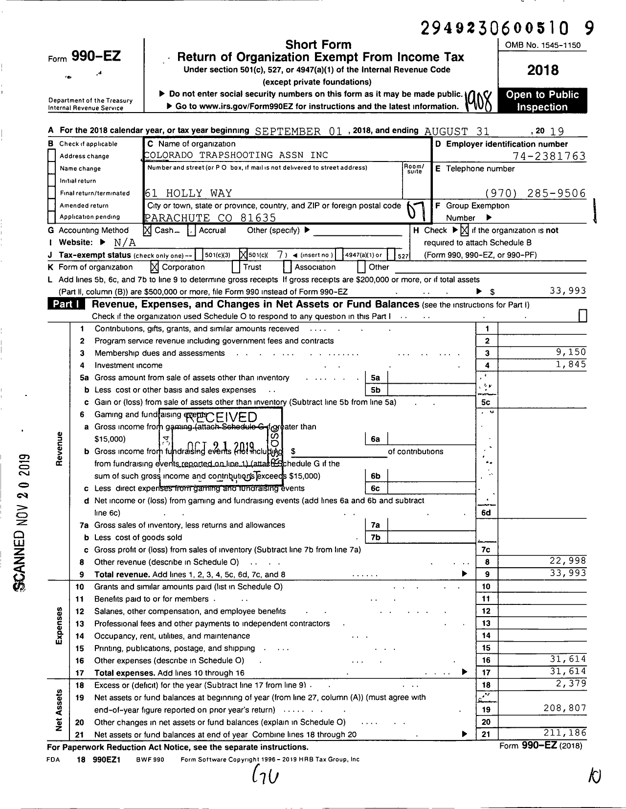 Image of first page of 2018 Form 990EO for Colorado State Trapshooting Association