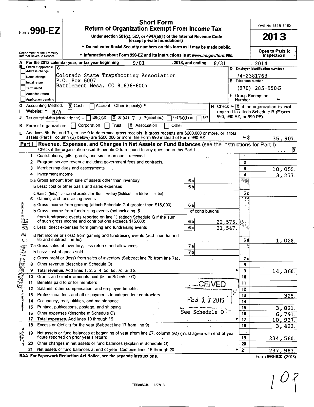 Image of first page of 2013 Form 990EO for Colorado State Trapshooting Association