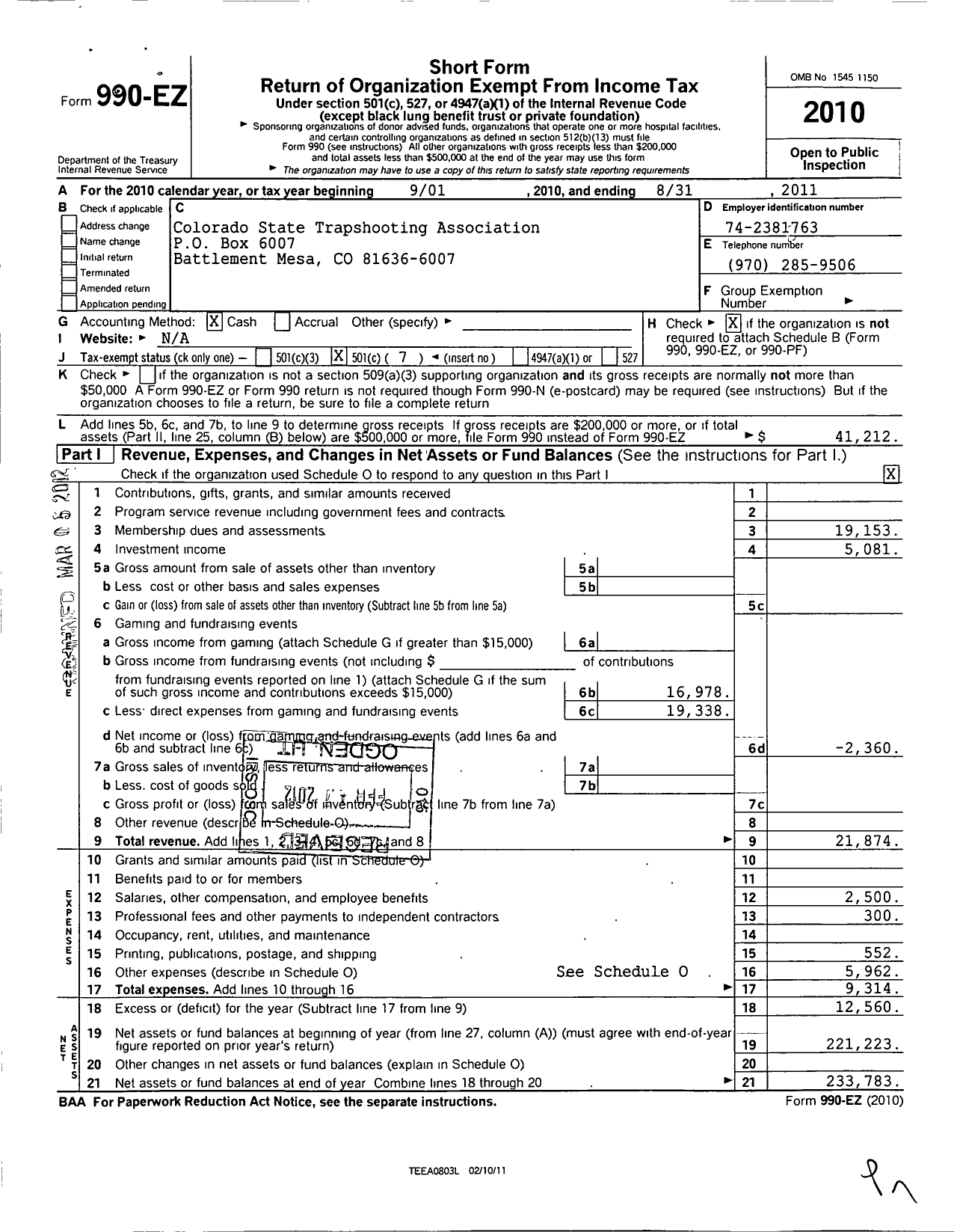 Image of first page of 2010 Form 990EO for Colorado State Trapshooting Association