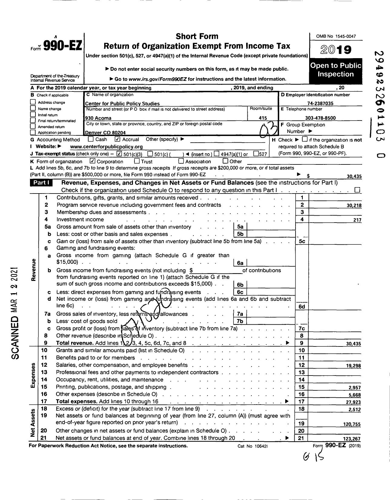 Image of first page of 2019 Form 990EZ for Center for Public Policy Studies