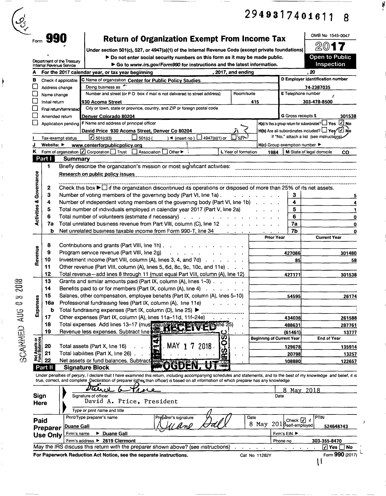 Image of first page of 2017 Form 990 for Center for Public Policy Studies