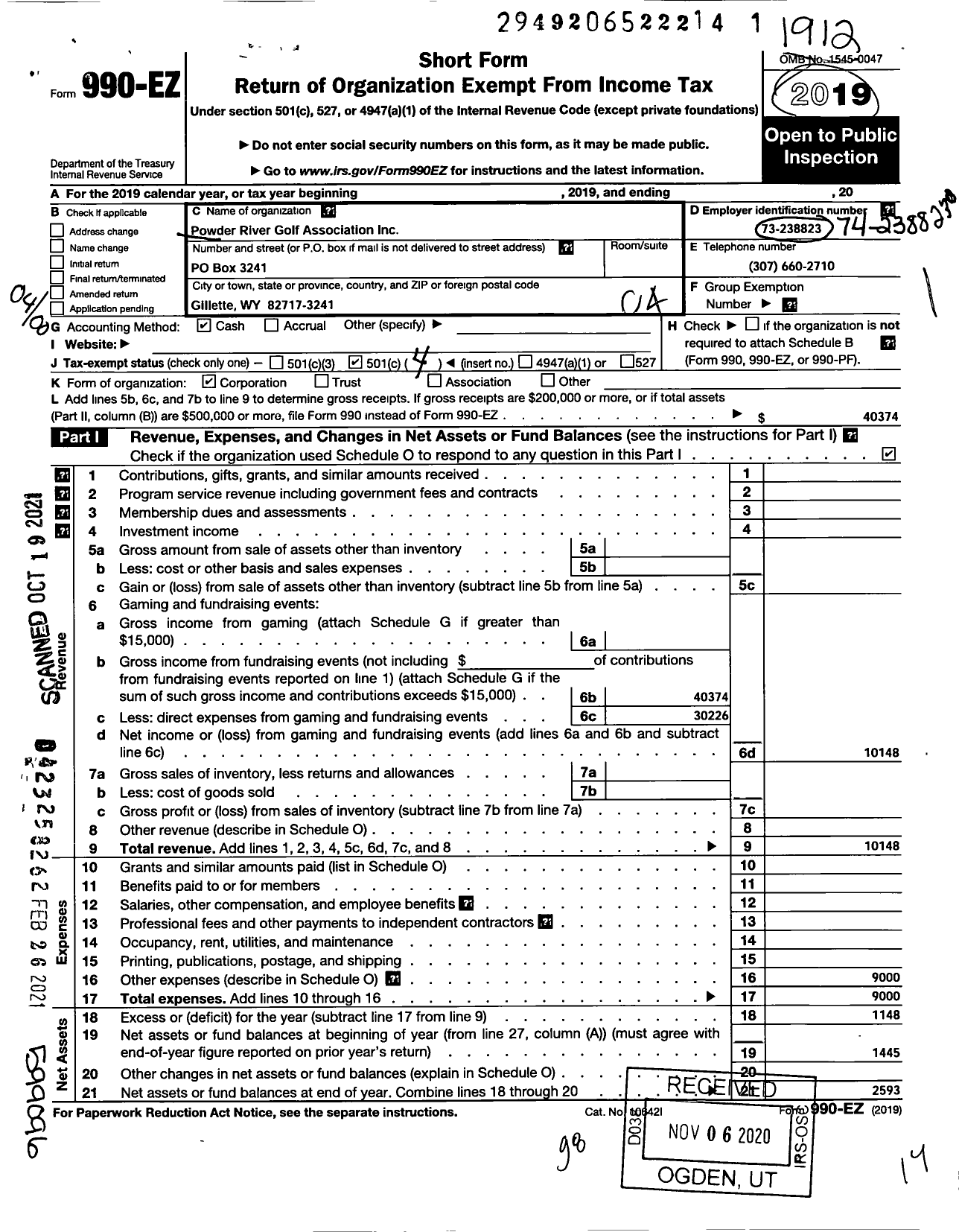 Image of first page of 2019 Form 990EO for Powder River Golf Association