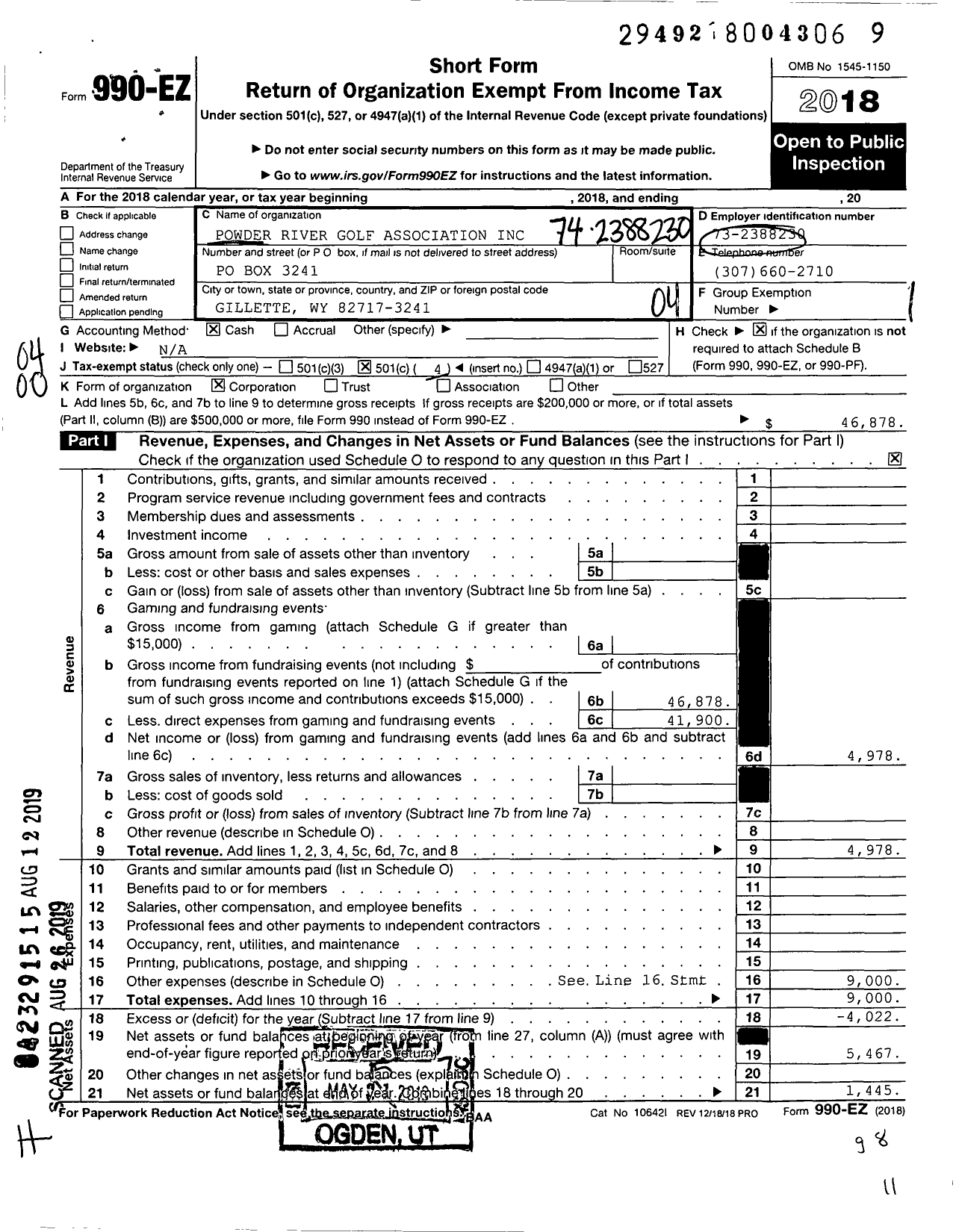 Image of first page of 2018 Form 990EO for Powder River Golf Association