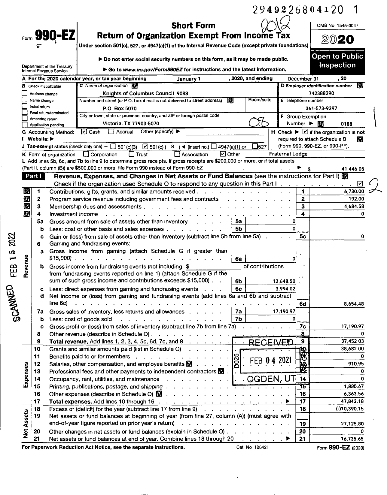 Image of first page of 2020 Form 990EO for Knights of Columbus - 9088 Holy Family Council