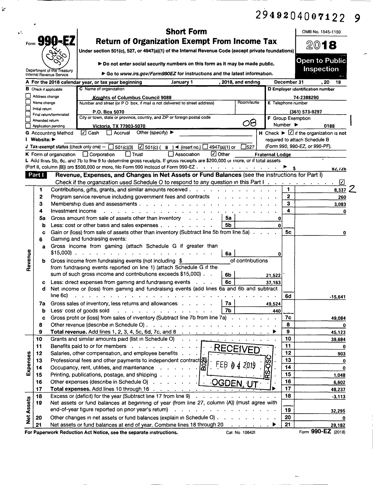 Image of first page of 2018 Form 990EO for Knights of Columbus - 9088 Holy Family Council