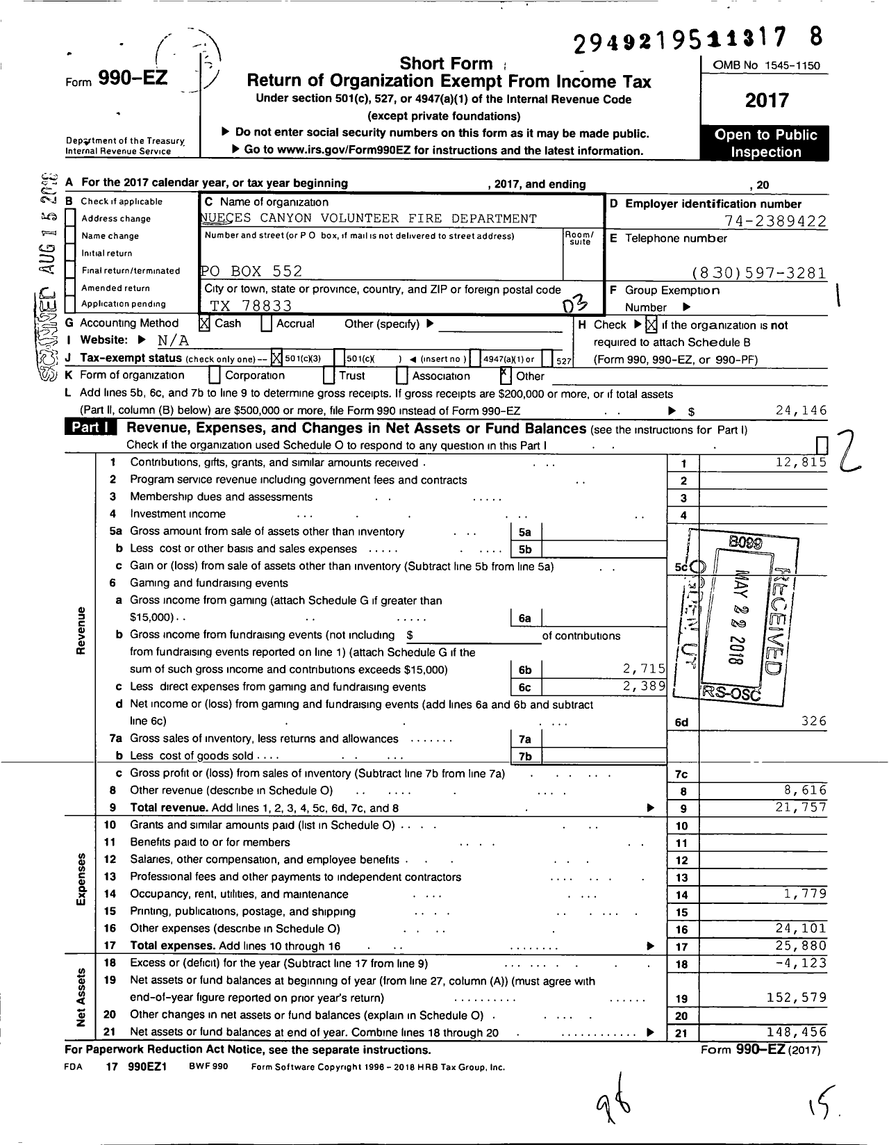 Image of first page of 2017 Form 990EZ for Nueces Canyon Volunteer Fire Department Fire Department