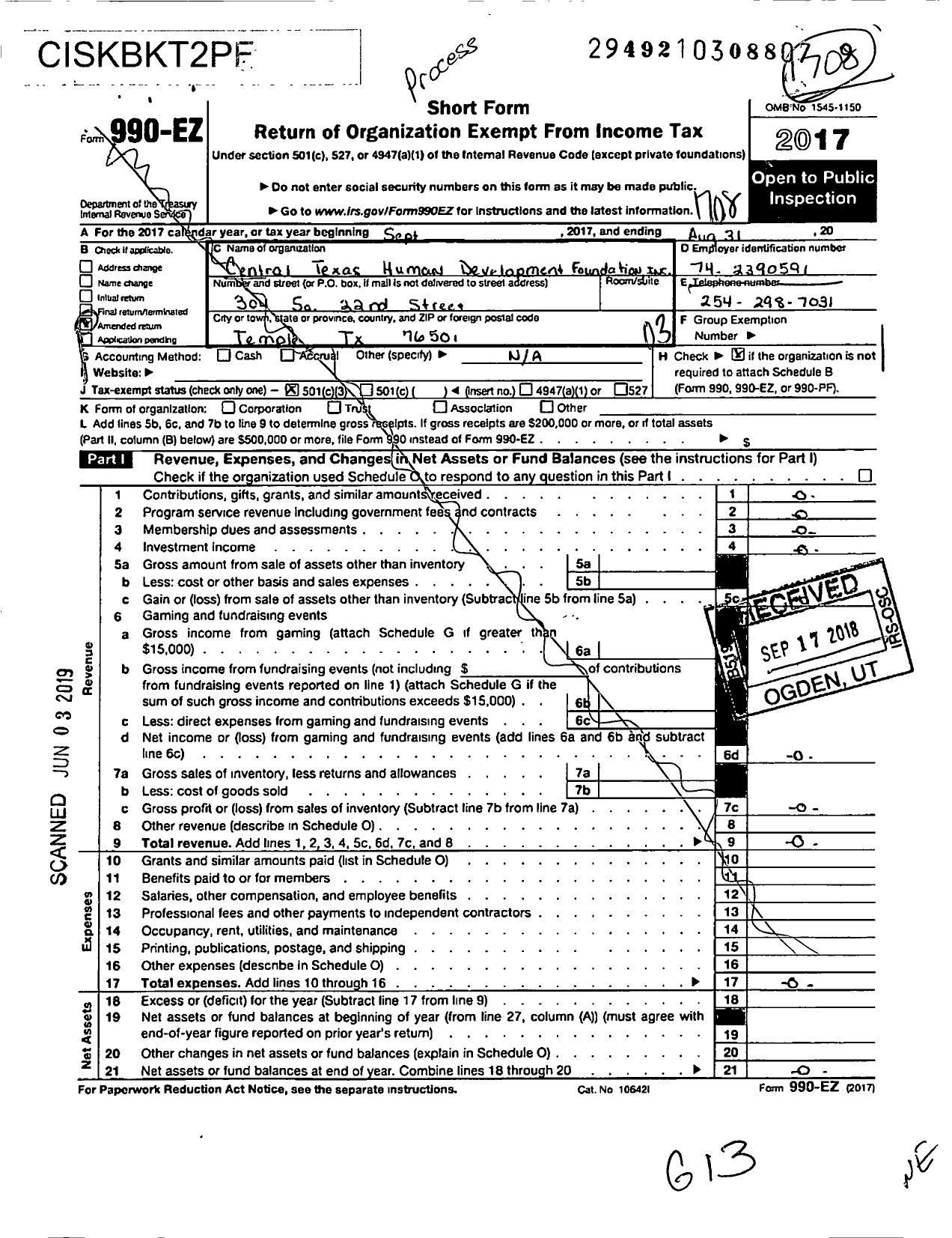 Image of first page of 2016 Form 990EZ for Central Texas Human Development Foundation
