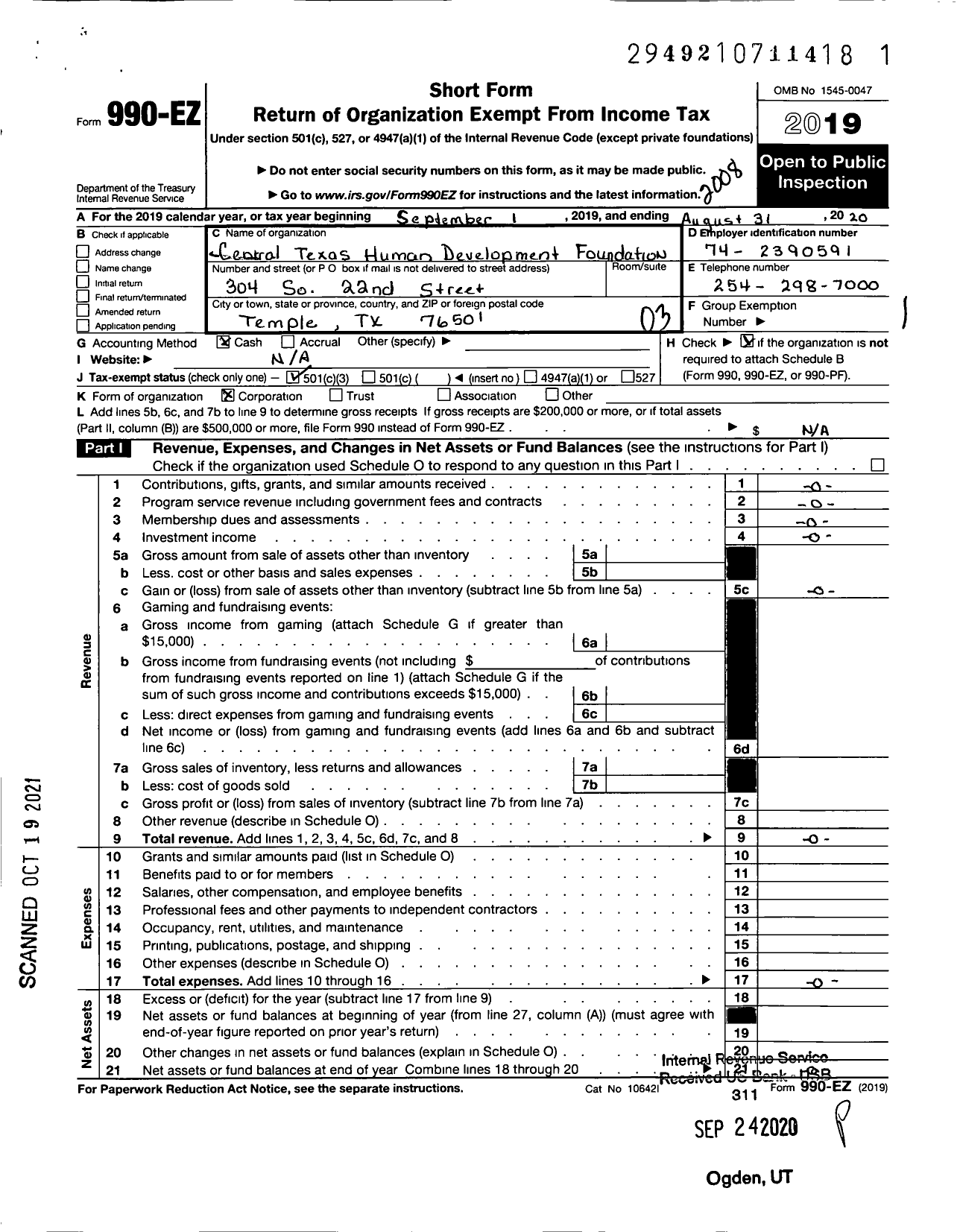 Image of first page of 2019 Form 990EZ for Central Texas Human Development Foundation