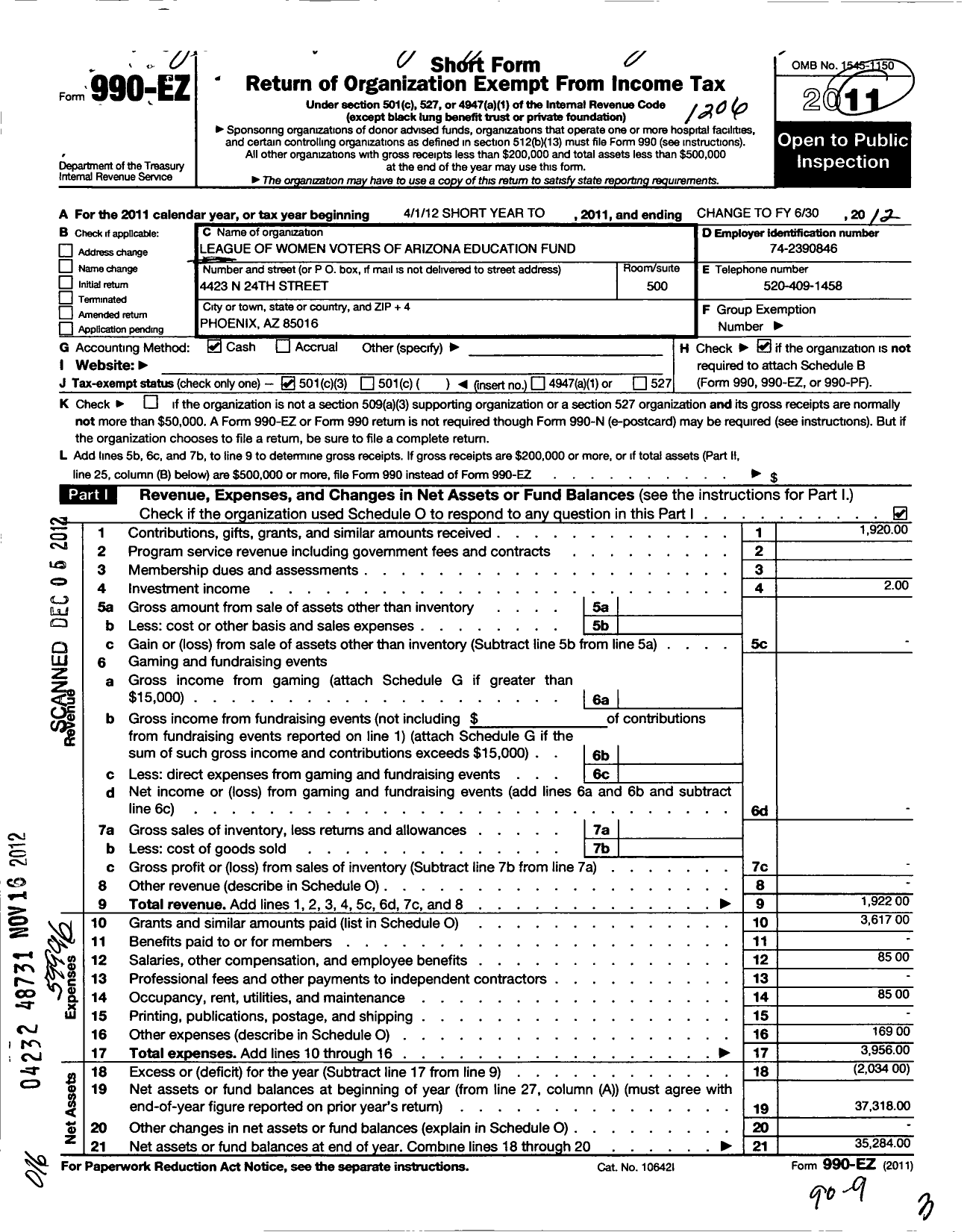 Image of first page of 2011 Form 990EZ for League of Women Voters of Arizona Education Fund