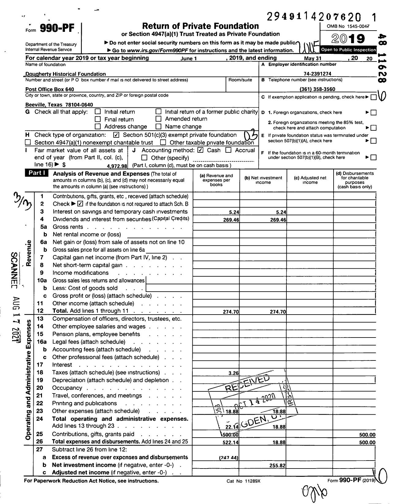 Image of first page of 2019 Form 990PF for Dougherty Historical Foundation