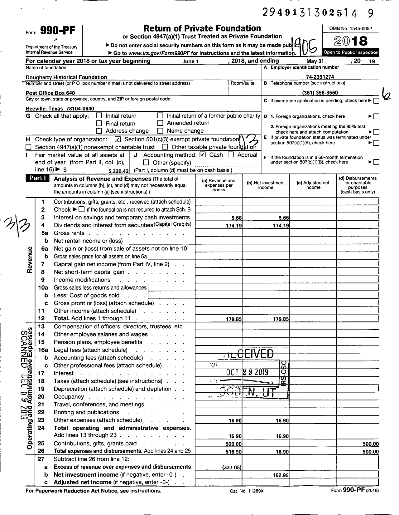 Image of first page of 2018 Form 990PF for Dougherty Historical Foundation