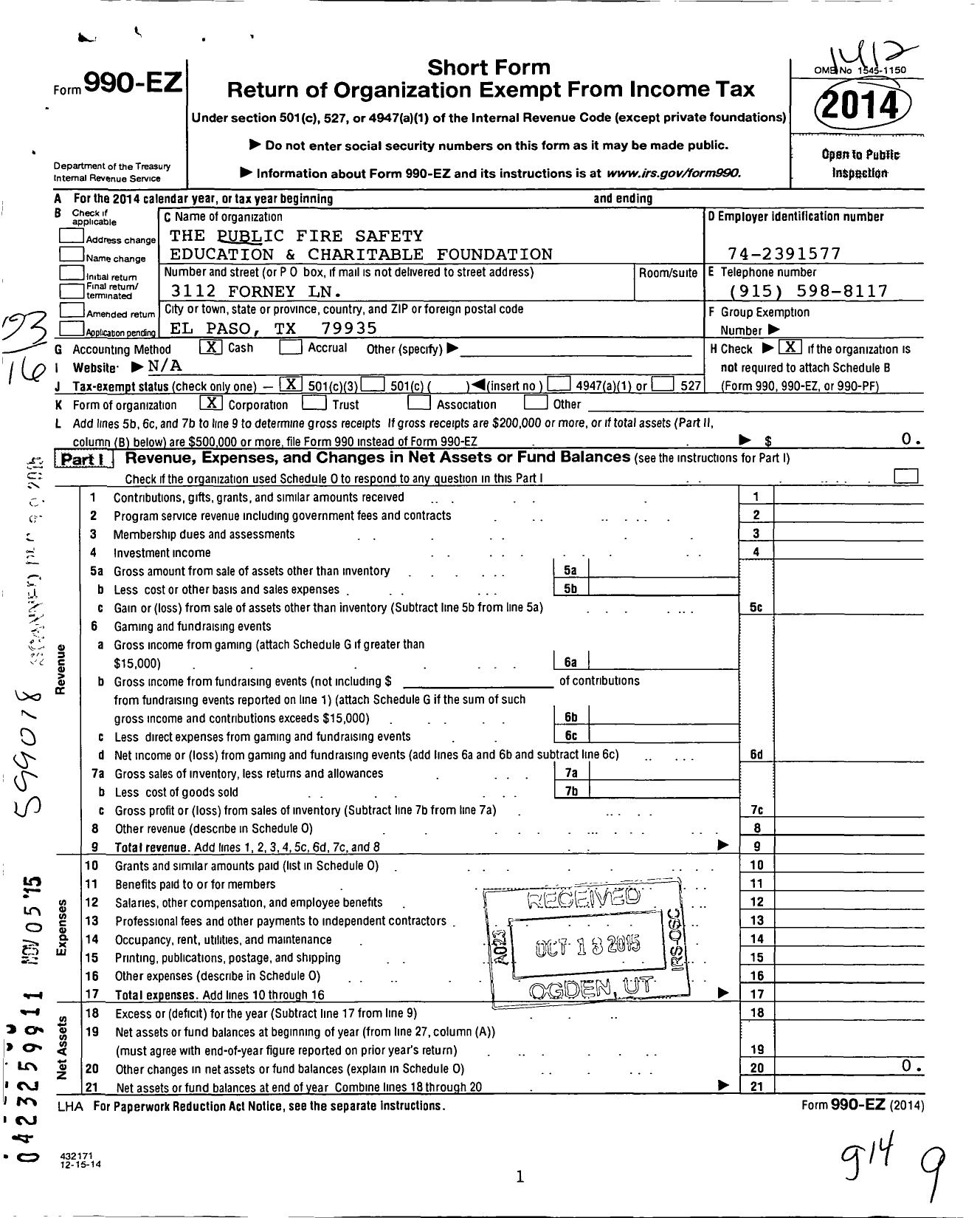 Image of first page of 2014 Form 990EZ for The Public Fire Safety Education and Charitable Foundation