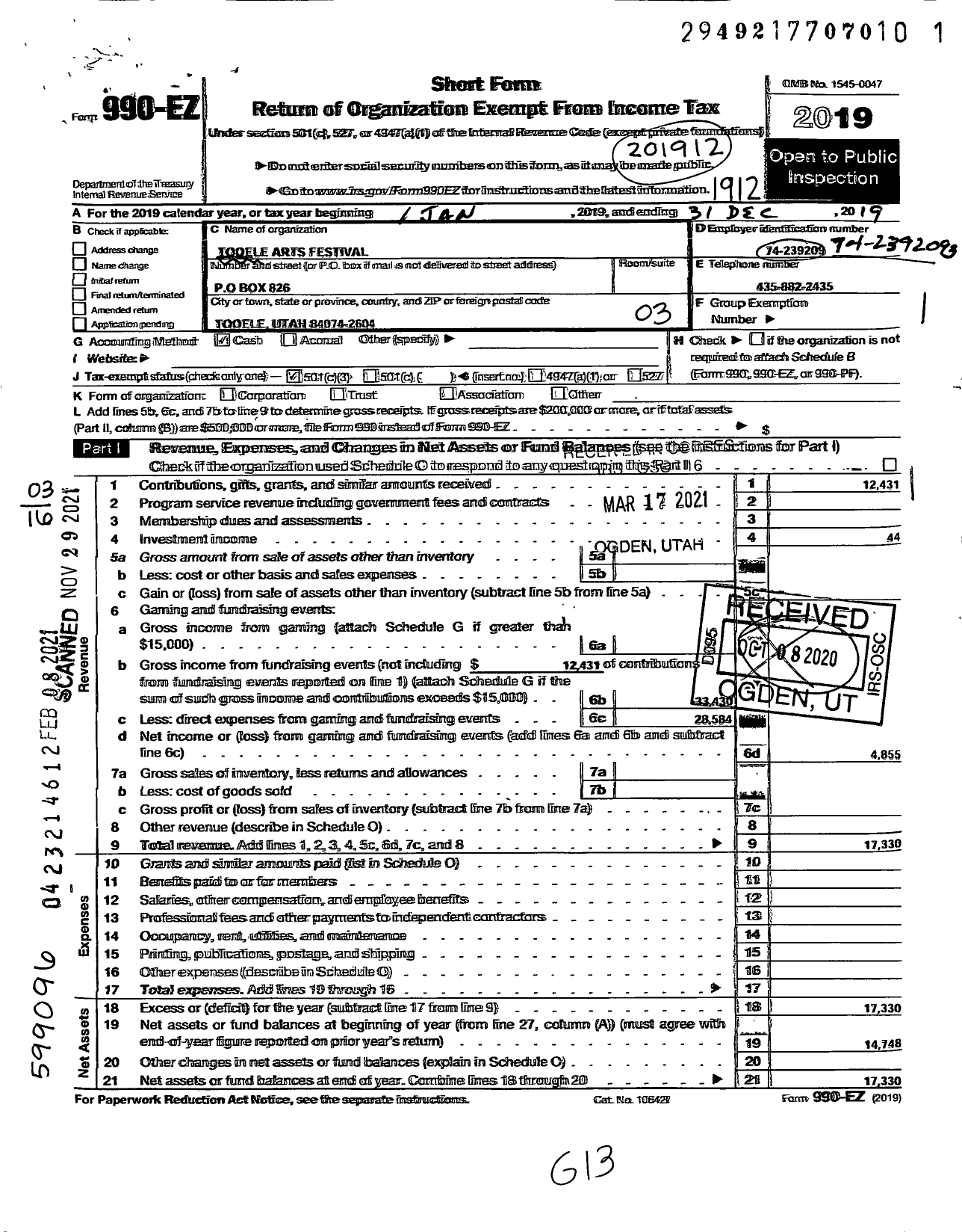 Image of first page of 2019 Form 990EZ for Tooele Arts Festival