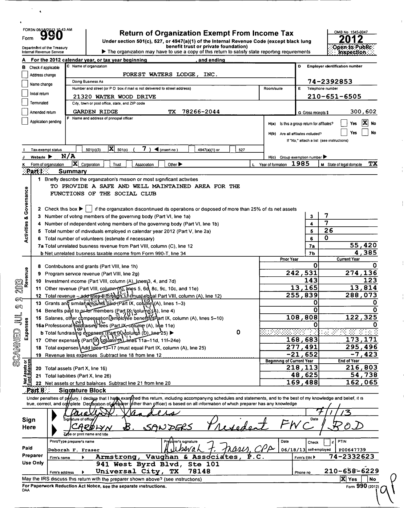 Image of first page of 2012 Form 990O for Forest Waters Lodge