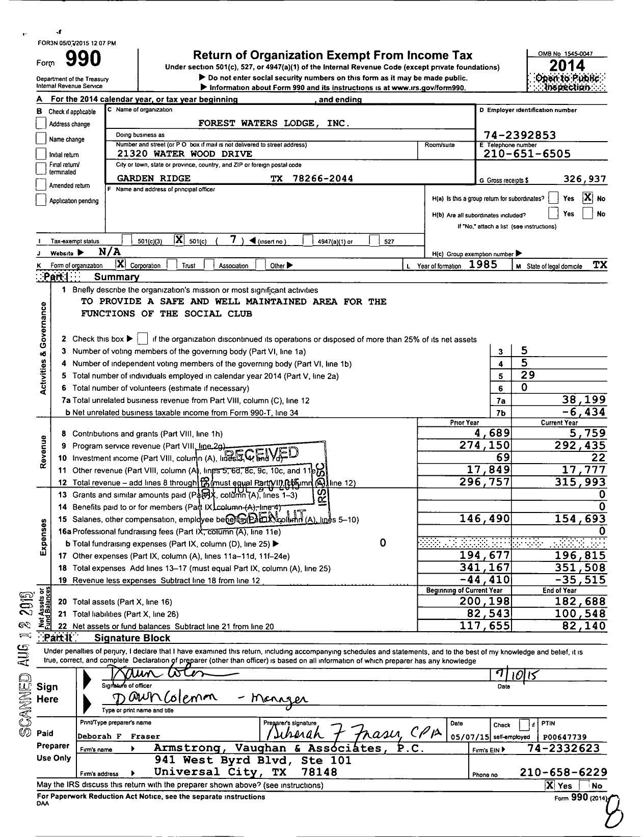 Image of first page of 2014 Form 990O for Forest Waters Lodge