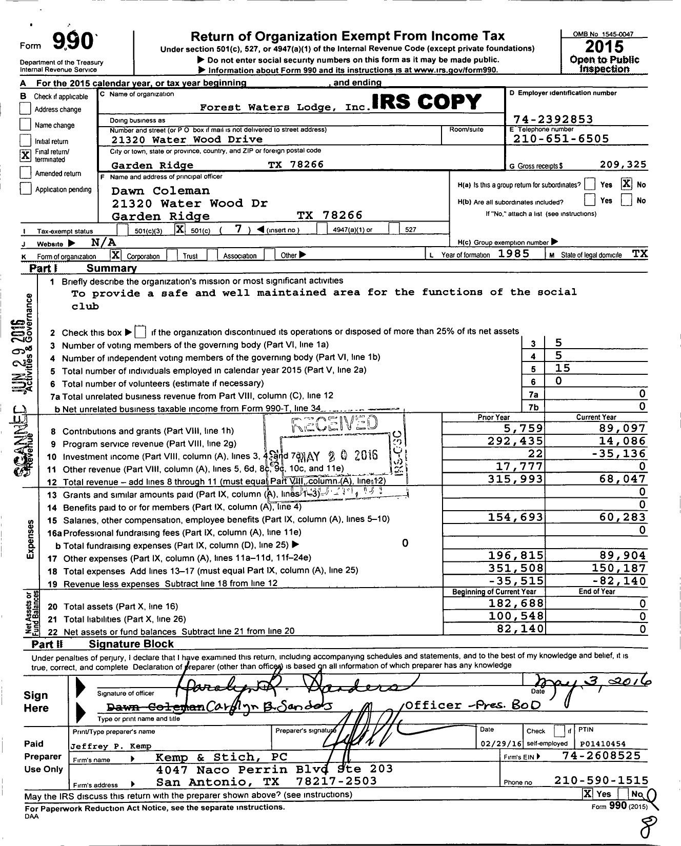 Image of first page of 2015 Form 990O for Forest Waters Lodge