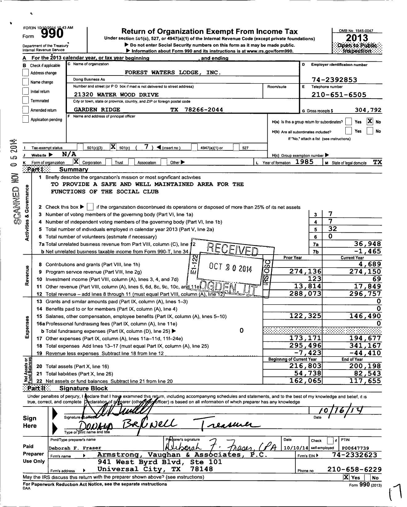 Image of first page of 2013 Form 990O for Forest Waters Lodge