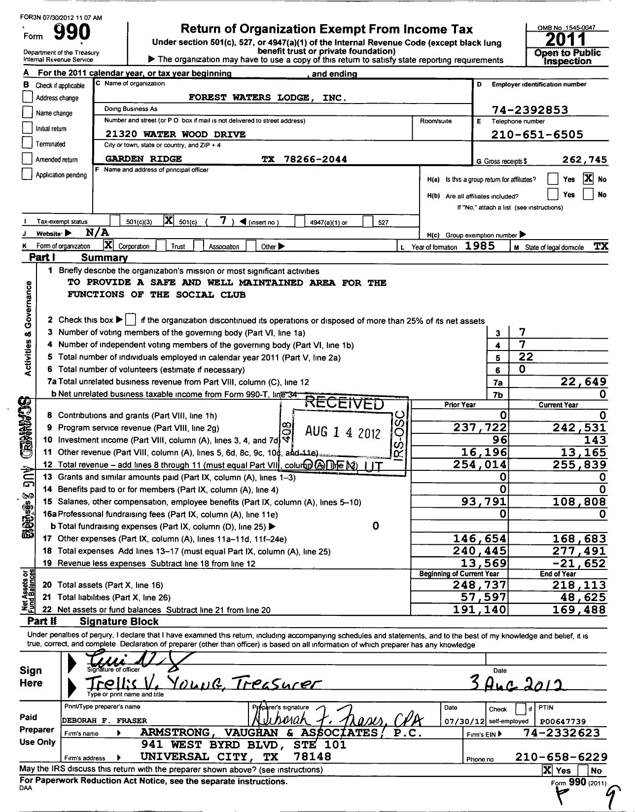 Image of first page of 2011 Form 990O for Forest Waters Lodge