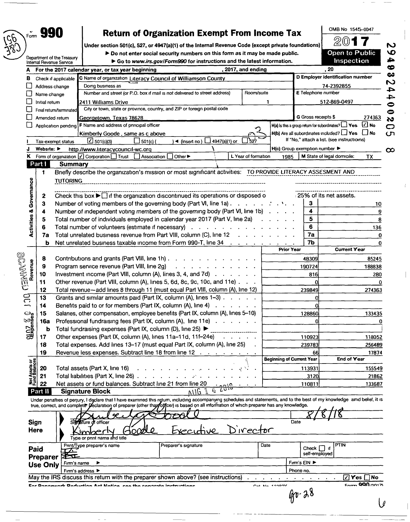 Image of first page of 2017 Form 990 for Literacy Council of Williamson County