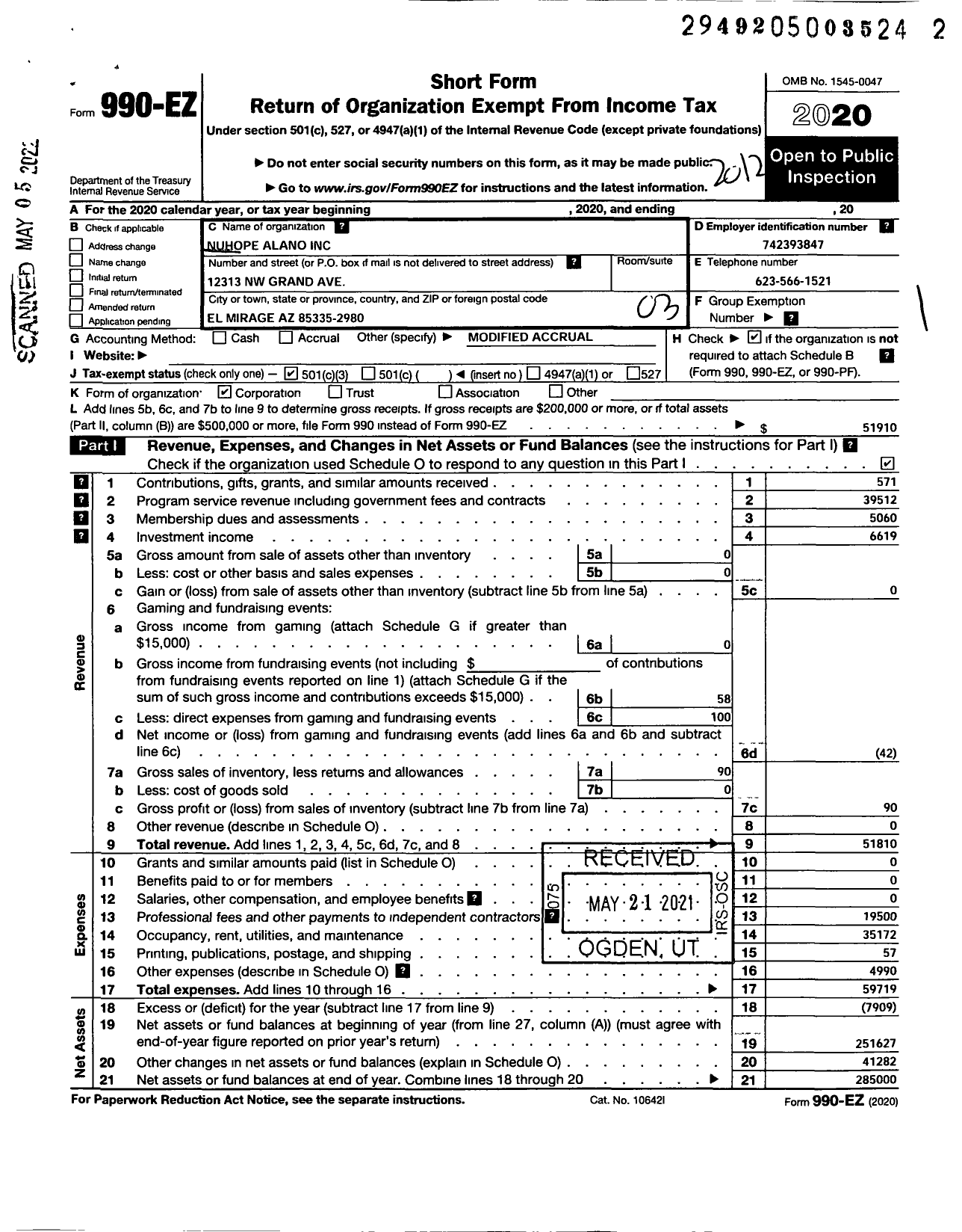 Image of first page of 2020 Form 990EZ for Nuhope Alano