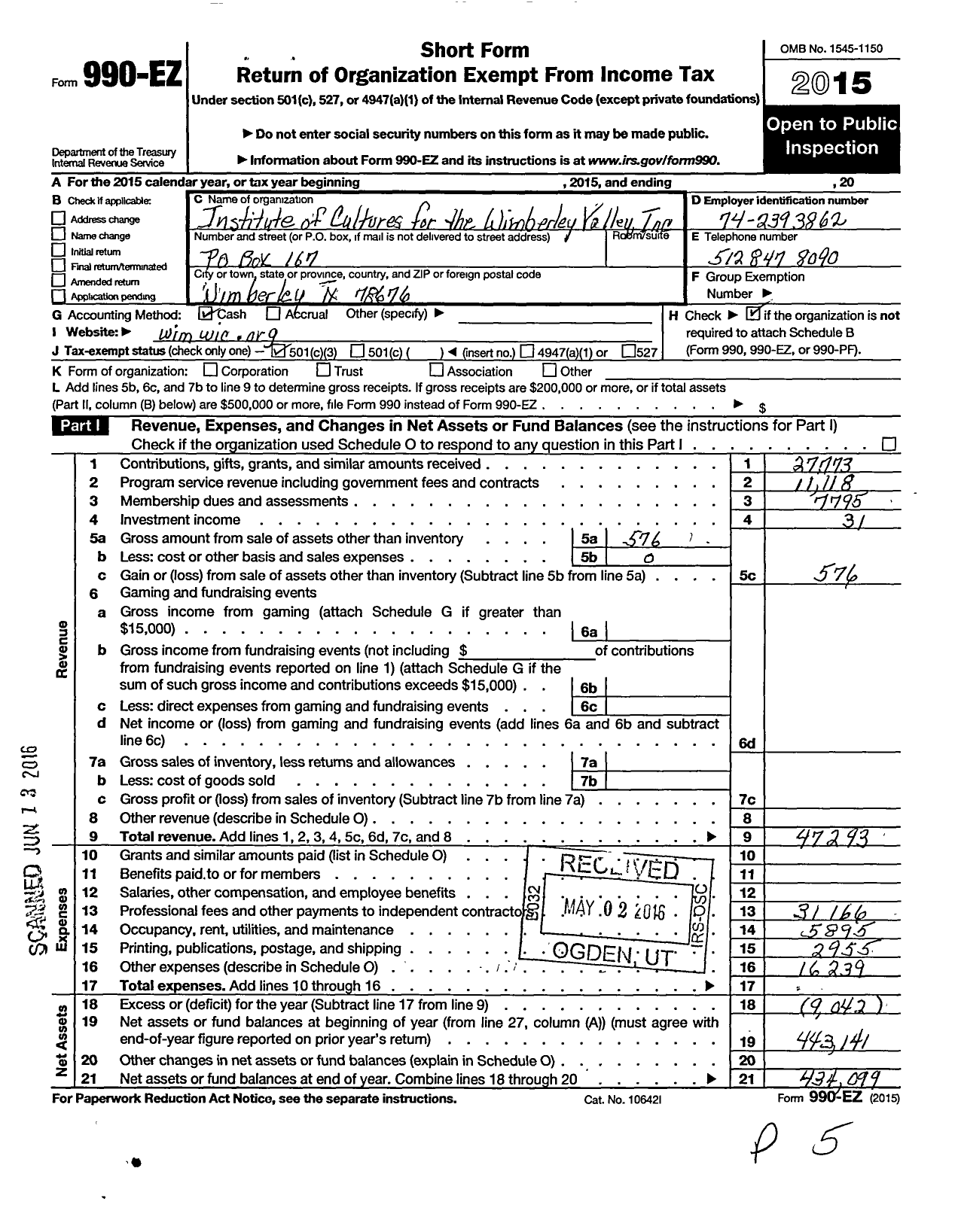 Image of first page of 2015 Form 990EZ for Institute of Cultures for the Wimberley Valley