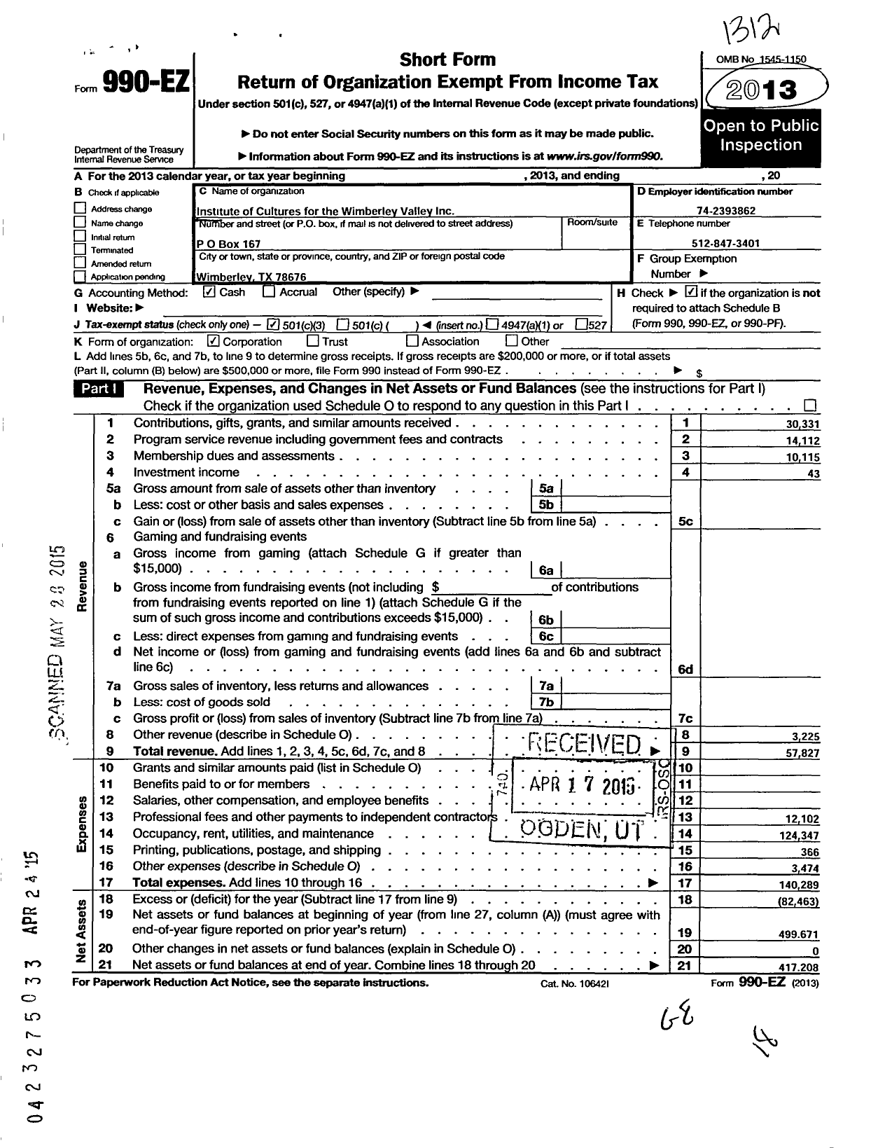 Image of first page of 2013 Form 990EZ for Institute of Cultures for the Wimberley Valley