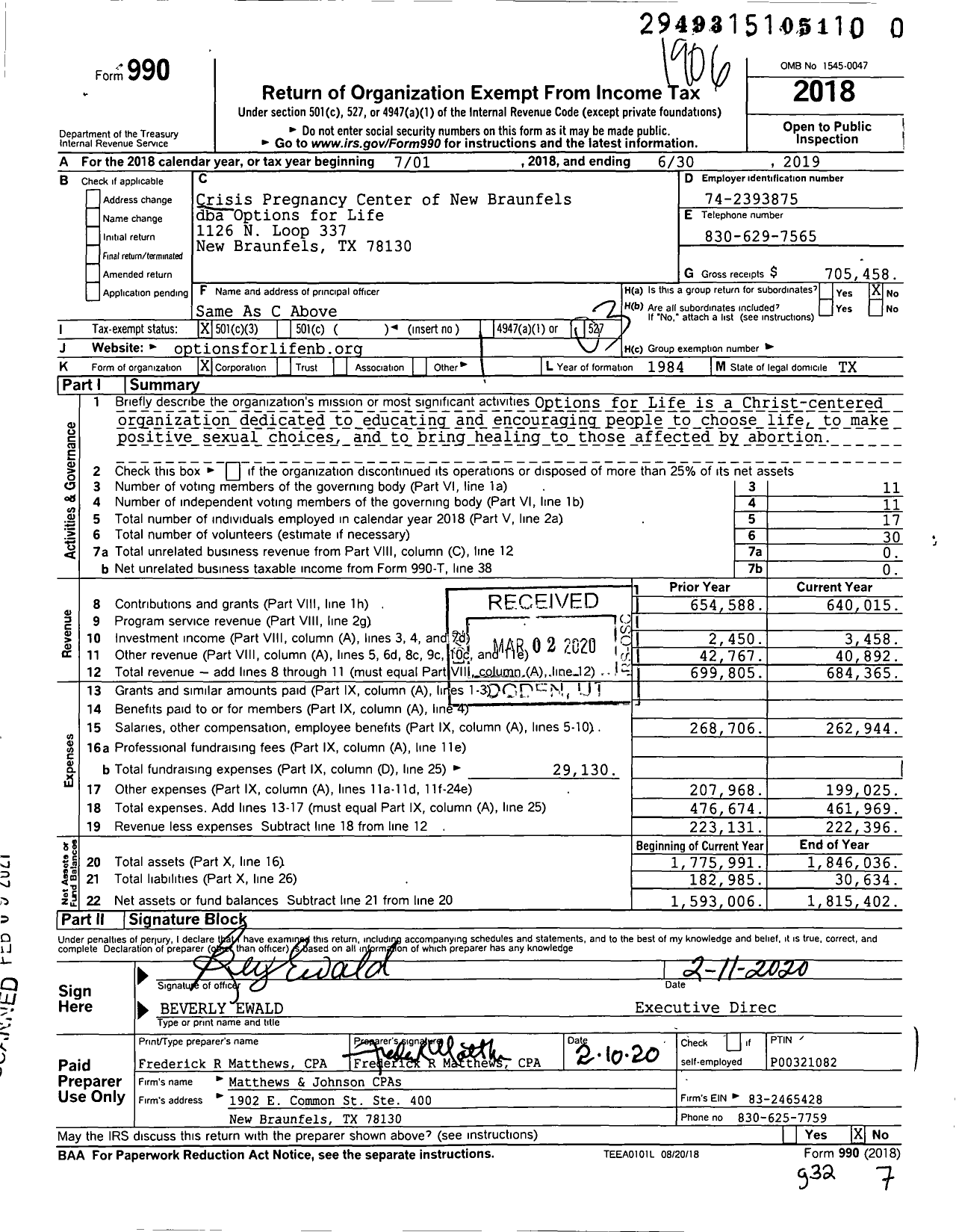 Image of first page of 2018 Form 990 for Options for Life